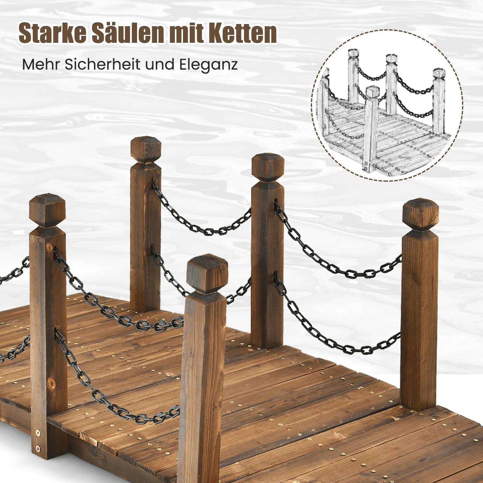 GOPLUS Holzbrücke aus Fichtenholz, 150 x 67cm x 55cm Teichbrücke bis 180 kg belastbar, Gartenbrücke mit Geländer & Ketten, Brücke für Garten Park Hinterhof