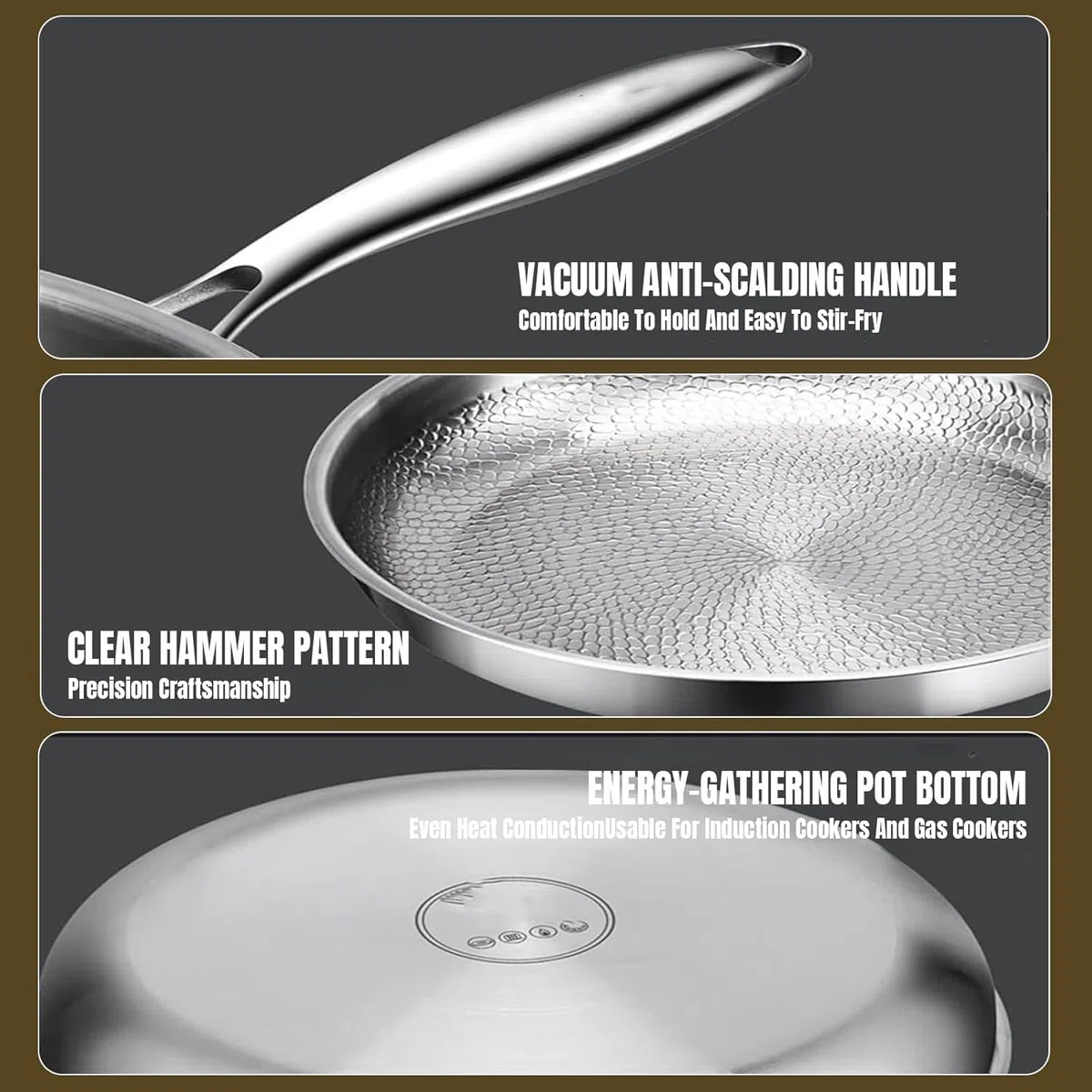2026 Upgrade Titan Bratpfanne, 26/28/30cm Titan Pfanne Unbeschichtet with Lid, Non-Stick Hammered Wok Titanium Pan, Scratch-Resistant, Even Heating and Suitable for All Hobs (26+28+30CM)