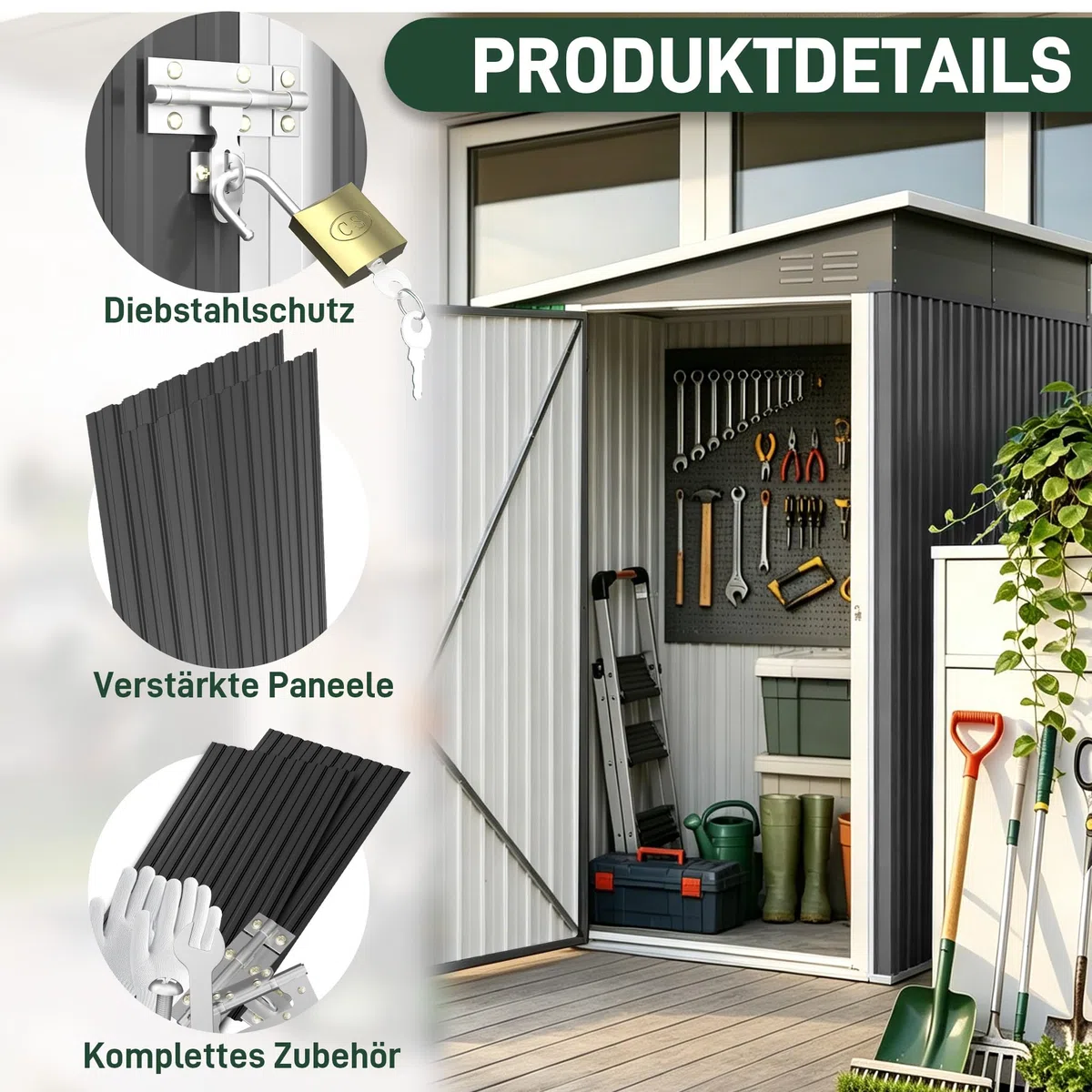 Metall Gerätehaus 4 m³ 192x132x185 cm Gerätehaus Eisen mit Pulverbeschichtung abschließbar & wetterfest Pultdach Werkzeugschrank für Garten Baustelle Industrie/Landwirtschaft,Schwarz