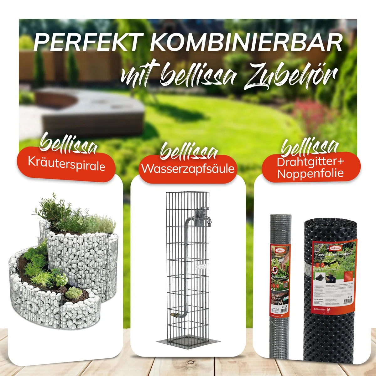 bellissa ‎‎– Gabionen-Hochteich Bausatz mit 490 L Füllvolumen rund 146x146x40 cm – Garten Zubehör DIY-Kit mit Gabionen, Teichfolie und Trenn-Vlies - Wetterfest & langlebig für Zierteiche & Biotope