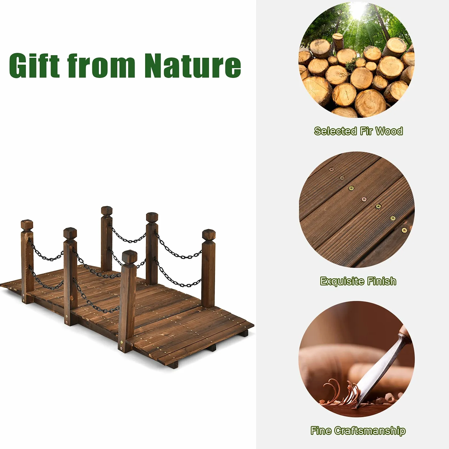 GIANTEX Gartenbrücke aus Holz, Brücke Landschaft, antike Bogenbrücke, dekorative Brücke für Garten, Brücke mit Bogen, Brücke mit Geländer, Tragkraft 120 kg, 150 x 67 x 55 cm