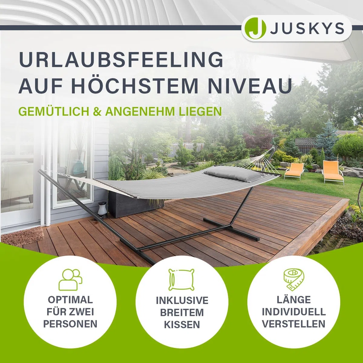 Juskys Hängematte Cata mit Gestell und Kissen - Outdoor Doppelhängematte für 2 Personen - doppel Hängemattengestell bis 200kg belastbar - Hellgrau