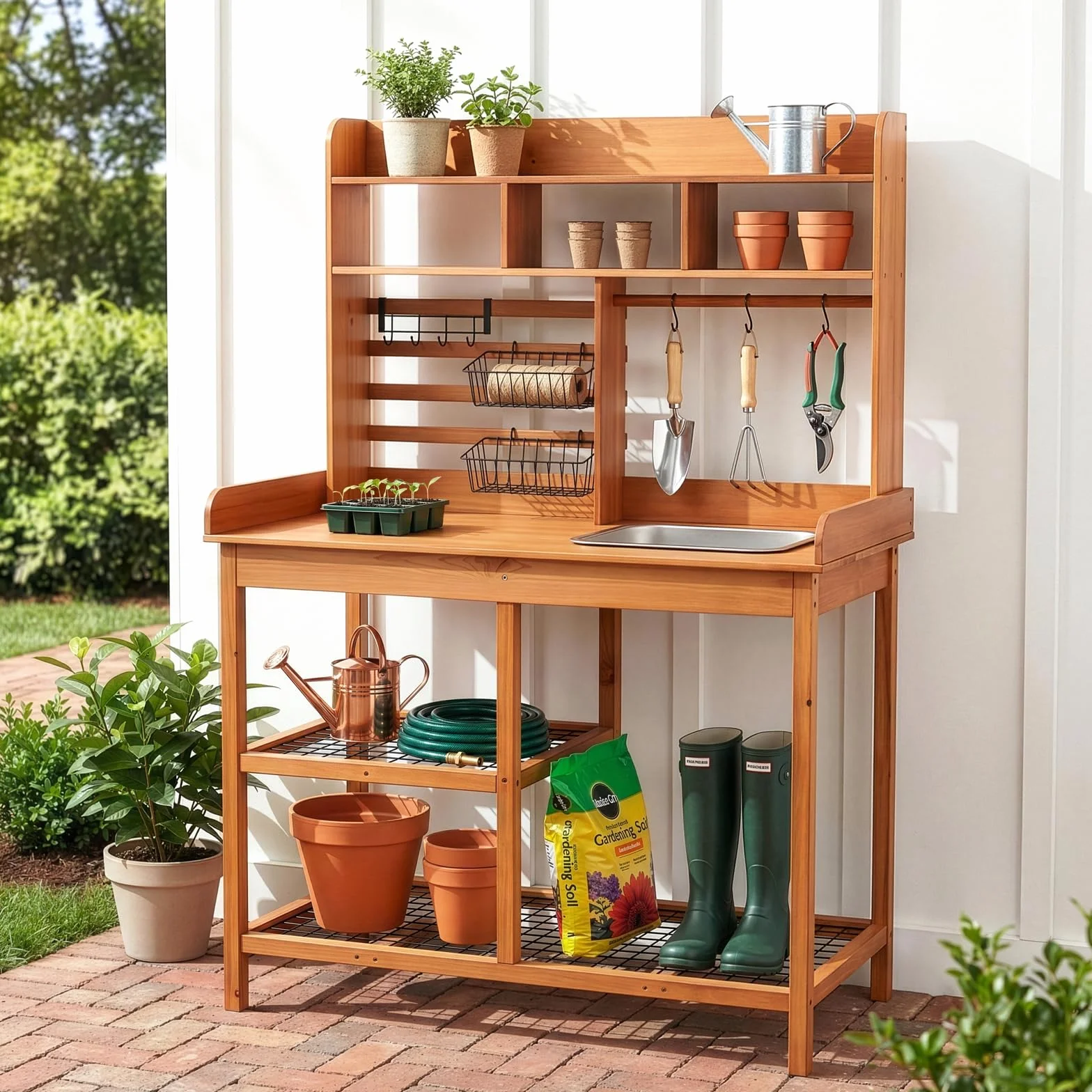 OOOK Pflanztisch Outdoor Wetterfest, Pflanztische mit Waschbecken aus Nordischer Schottkiefer, Blumentisch Gärtnertisch mit Haken, Garten Arbeitstisch für Garten Balkon Terrasse