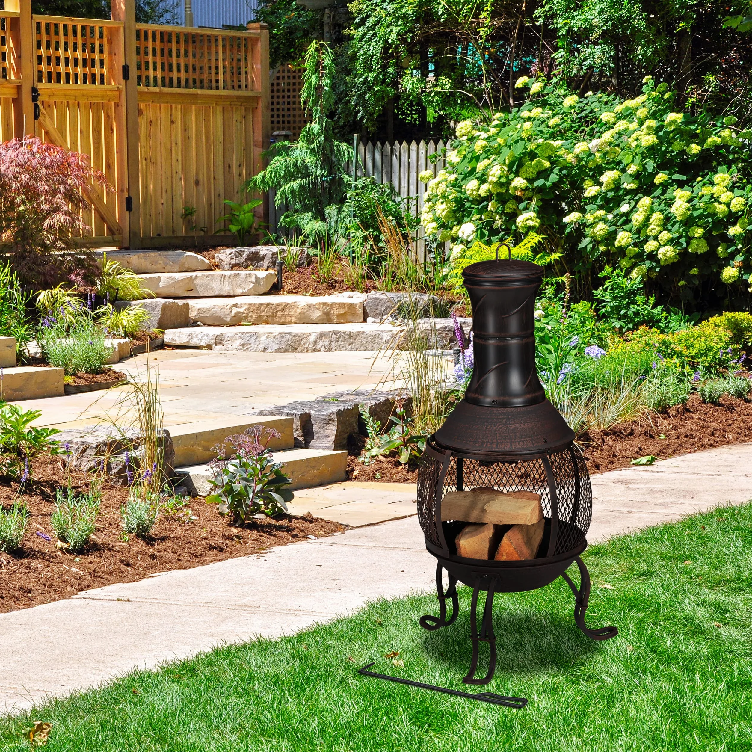 Relaxdays Terrassenofen, Stahl & Gusseisen, HxD: 88 x 36 cm, Gartenkamin Funkenschutz, Chiminea, Aztekenofen, rot/Bronze
