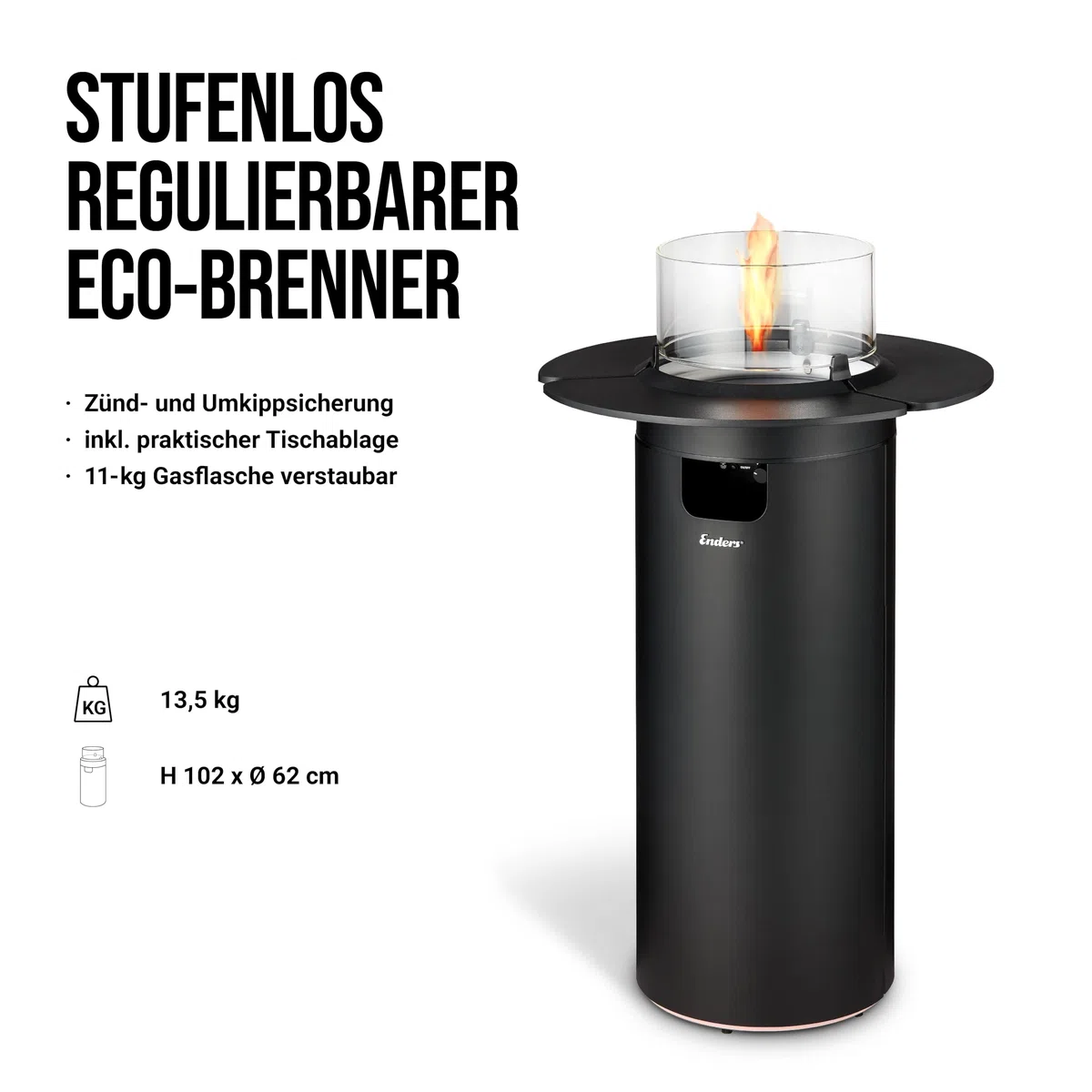 Enders Terrassenfeuer NOVA LED TABLE BLACK L, Gas Terrassenfeuer mit Ambientebeleuchtungen, ECO GREEN Brenner-Technologie und exzellentem Design, H102cm Ø 62cm, Tischablage, Schwarz #5901