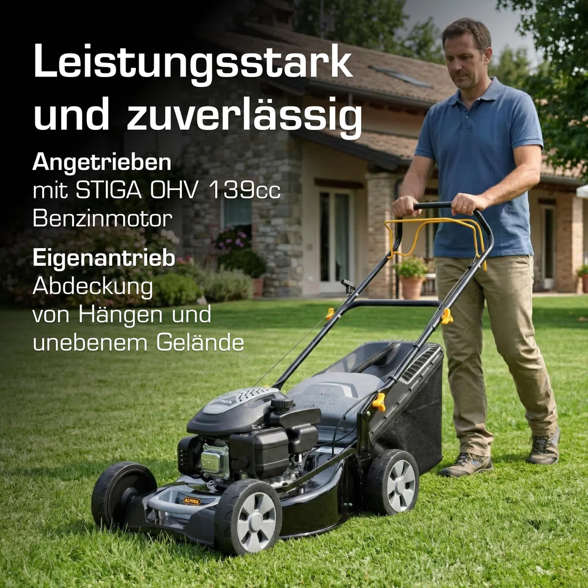 Alpina AL5 46 SA Benzin-Rasenmäher, 139 cc, 46 cm – Fangkorb 60 l, Heckantrieb, Zentrale Schnitthöhenverstellung – Rasenflächen bis 1.200 m²
