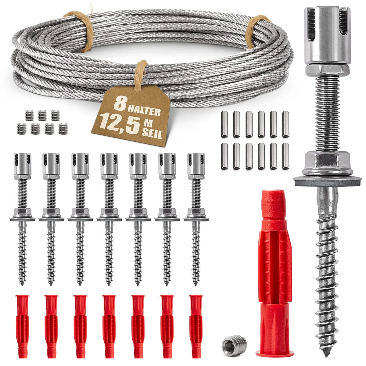 Rankhilfe aus Edelstahl für Kletterpflanzen, Profi-System als Komplettset mit Wandhaltern und 3mm Stahlseil (8 Halter, 12,5m Seil)