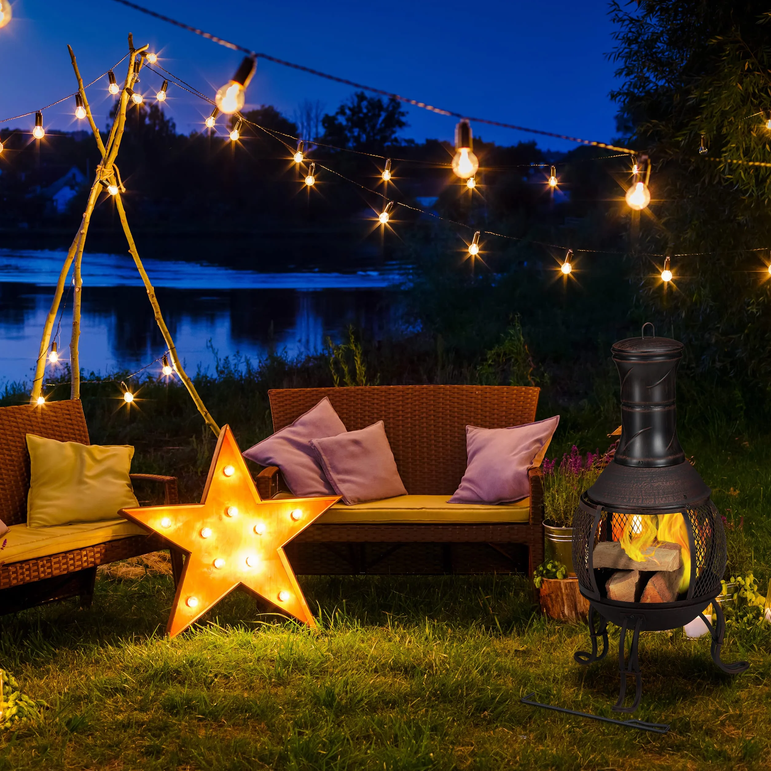 Relaxdays Terrassenofen, Stahl & Gusseisen, HxD: 88 x 36 cm, Gartenkamin Funkenschutz, Chiminea, Aztekenofen, rot/Bronze