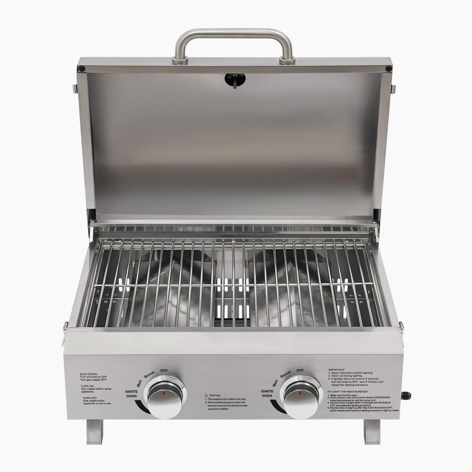 Edelstahl Tragbarer Gasgrill 2 Brenner 55,8 x 45 x 38 cm Campinggrill Tischgrill Klappbaren Beinen Gas Grill für Balkon, Camping, Garten