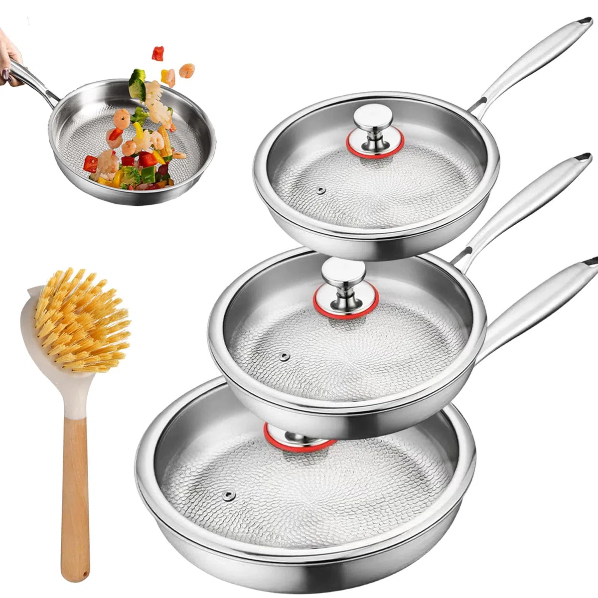 2026 Upgrade Titan Bratpfanne, 26/28/30cm Titan Pfanne Unbeschichtet with Lid, Non-Stick Hammered Wok Titanium Pan, Scratch-Resistant, Even Heating and Suitable for All Hobs (26+28+30CM)