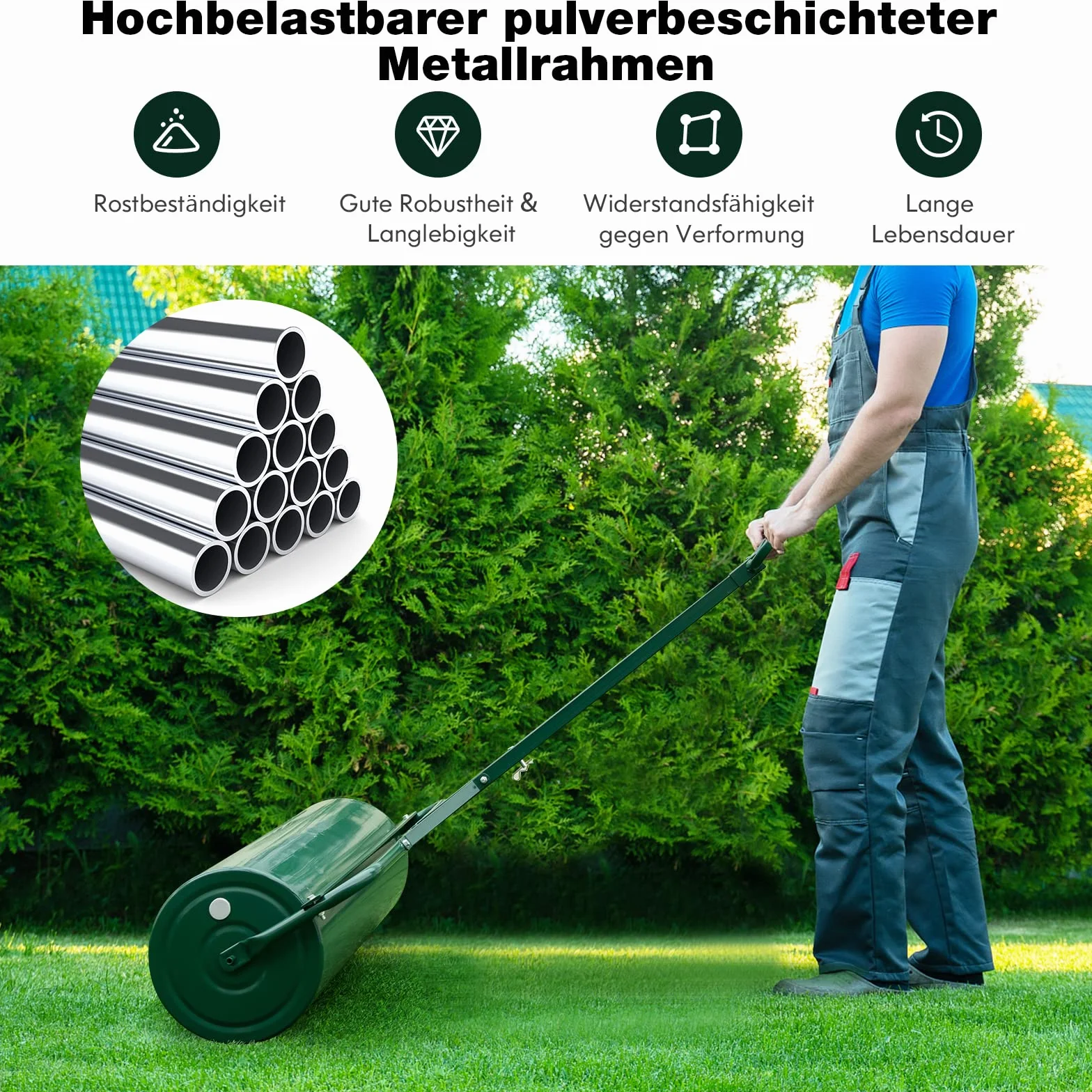 COSTWAY Rasenwalze befüllbar Wasser oder Sand, 63 L, Ø 30 cm x 99 cm, Bodenwalze mit Griff, Gartenwalze Metall, Handwalze Lawn Roller, Rasenrolle für Ebenen Rasen Garten, Grün