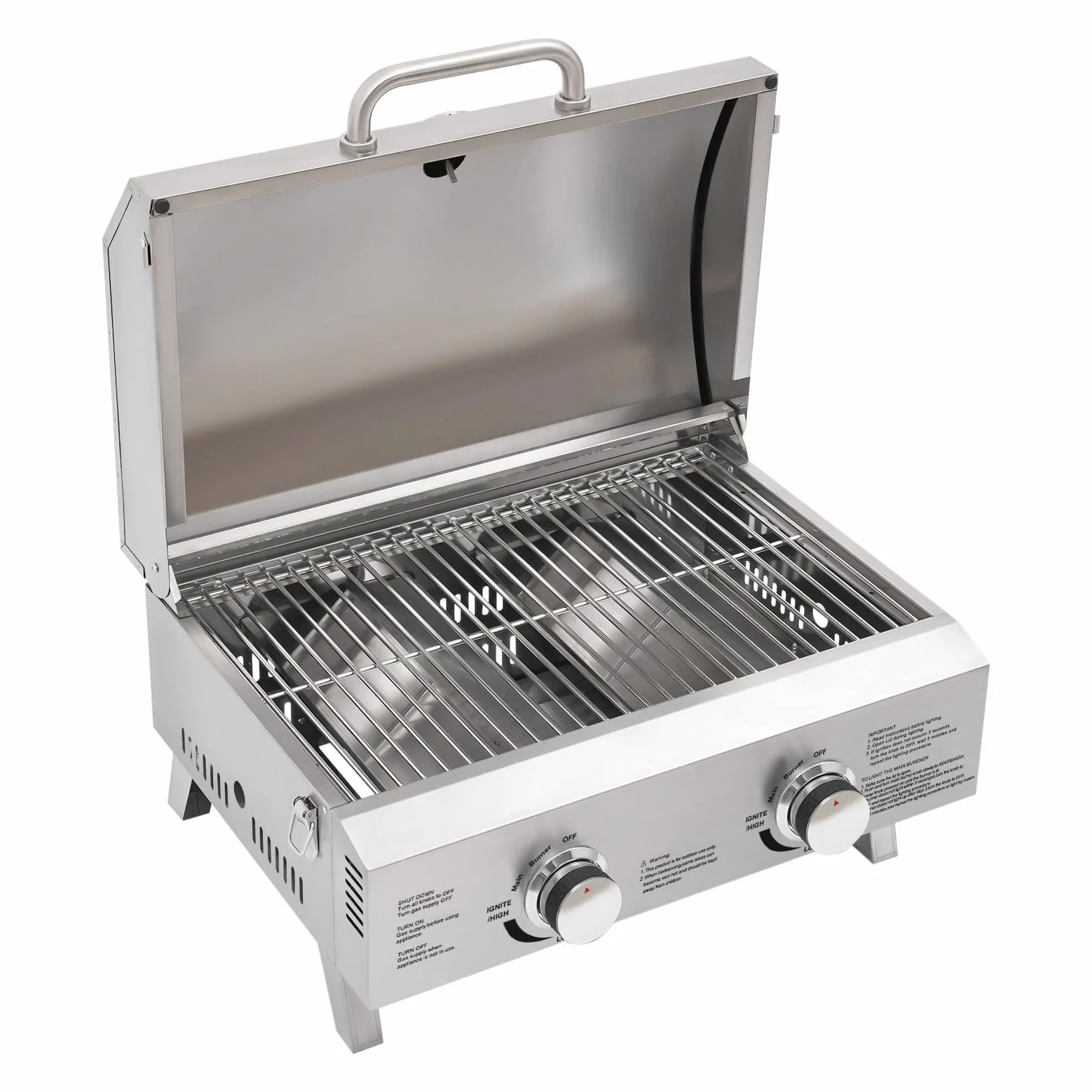 Edelstahl Tragbarer Gasgrill 2 Brenner 55,8 x 45 x 38 cm Campinggrill Tischgrill Klappbaren Beinen Gas Grill für Balkon, Camping, Garten