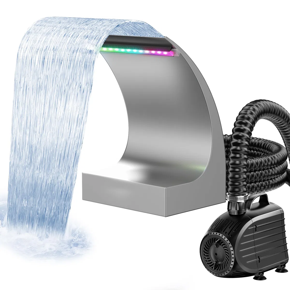 POPOSOAP 200C Teichwasserfall Überlauf-Set 20 cm Edelstahl-Auslass 4500 l/h Teichpumpe mit LED-Lichtern