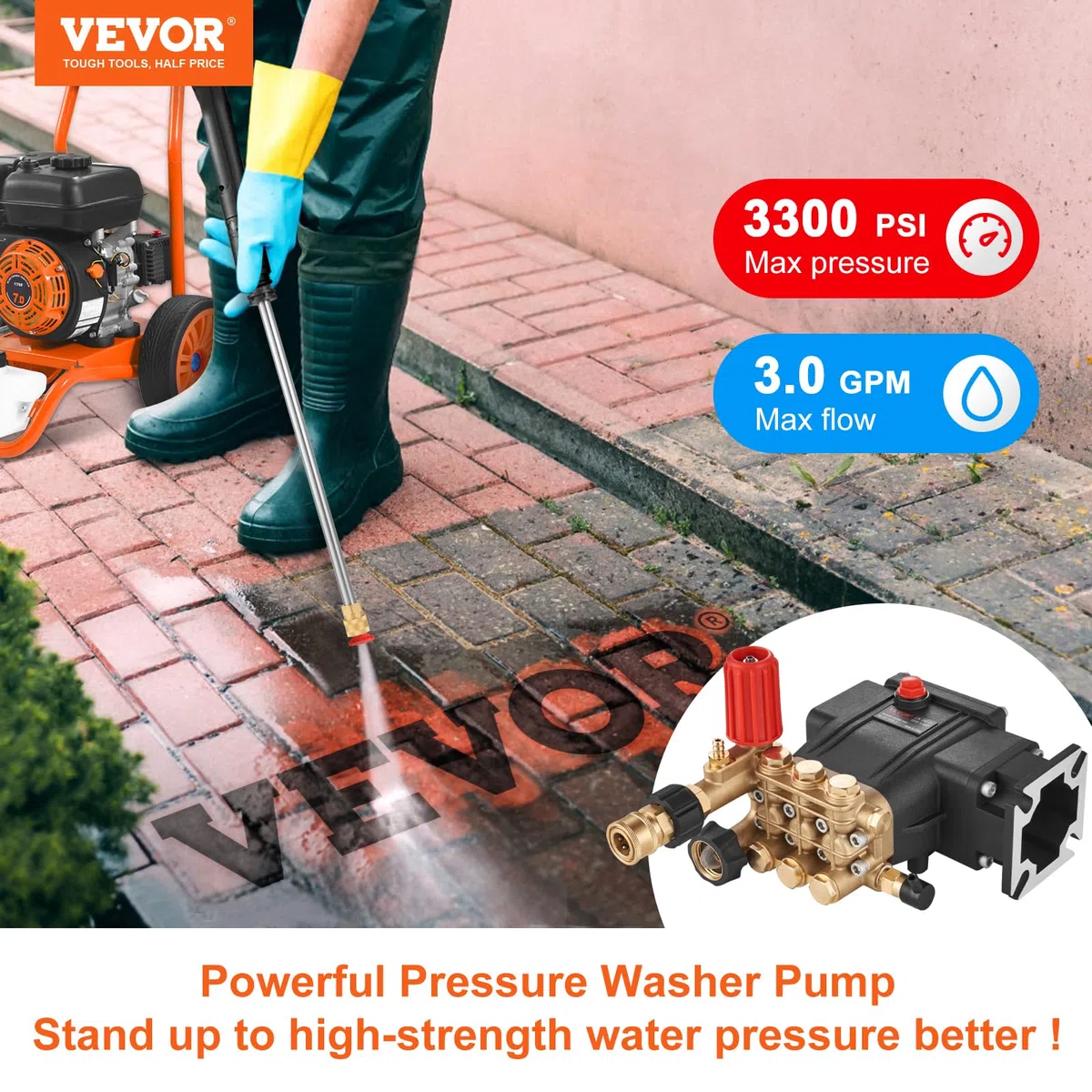 VEVOR Hochdruckreinigerpumpe, 3/4-Zoll-Welle, Triplex-Kolben, 3300PSI, 3GPM, Ersatz-Hochdruckreinigerpumpen-Set, Teile-Waschmaschinenpumpe, kompatibel mit Simpson MorFlex-Modellen 40224, 40225, 40226
