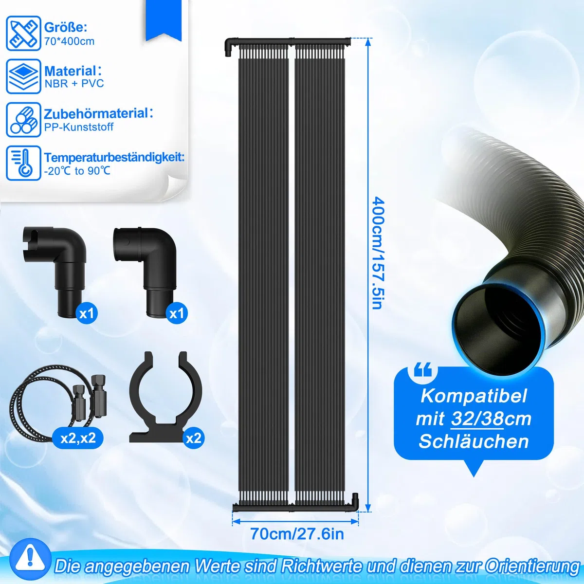 LZQ Solar Poolheizung Set 400x70 cm, Solarheizung Solarkollektor Pool Schwimmbad Solarabsorber Warmwasser mit Schlauchschellen & Rohrverbindern, modular, Heizmatte Solarmatte Sonnenkollektor