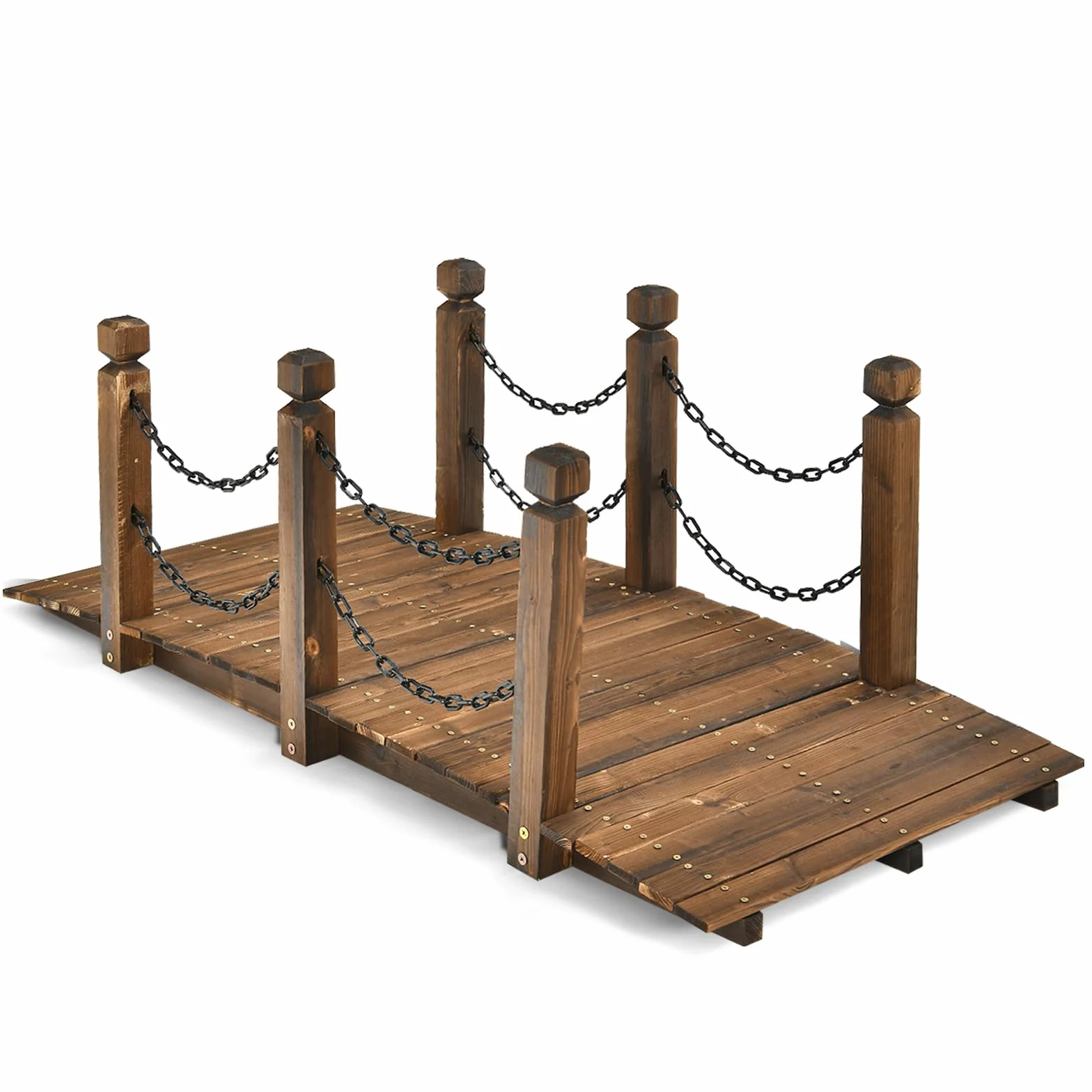 GOPLUS Holzbrücke aus Fichtenholz, 150 x 67cm x 55cm Teichbrücke bis 180 kg belastbar, Gartenbrücke mit Geländer & Ketten, Brücke für Garten Park & Hinterhof