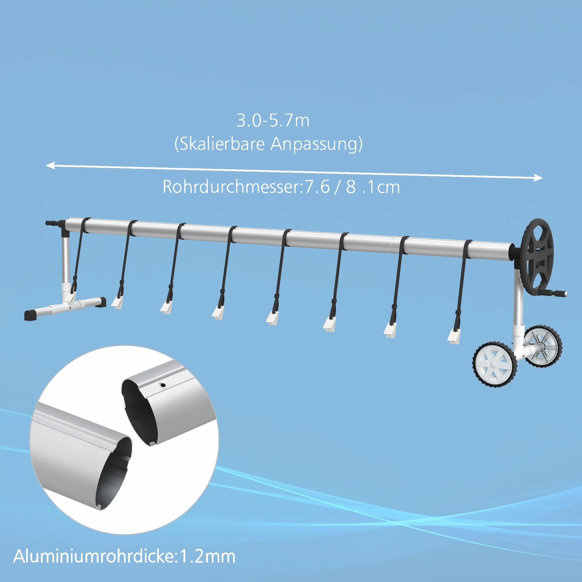 Aufun Pool Aufrollsystem Premium 3-5,70 m mit 2 Reifen, Pool Aufroller für Solarfolie, Aufrollvorrichtung für Poolplane & Abdeckung, inkl. Bänder, witterungsbeständiges Material