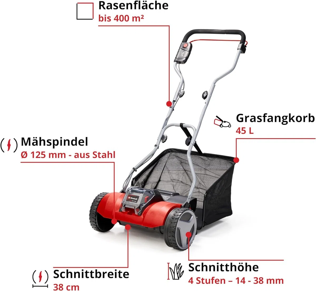 Einhell Akku-Rasenmäher GE-HM 18/38 Li - Solo Power X-Change (Li-ion, 18V, kugelgelagerte Mähspindel mit 5 präzisionsgeschliffenen Stahlmessern, ohne Akku und Ladegerät)