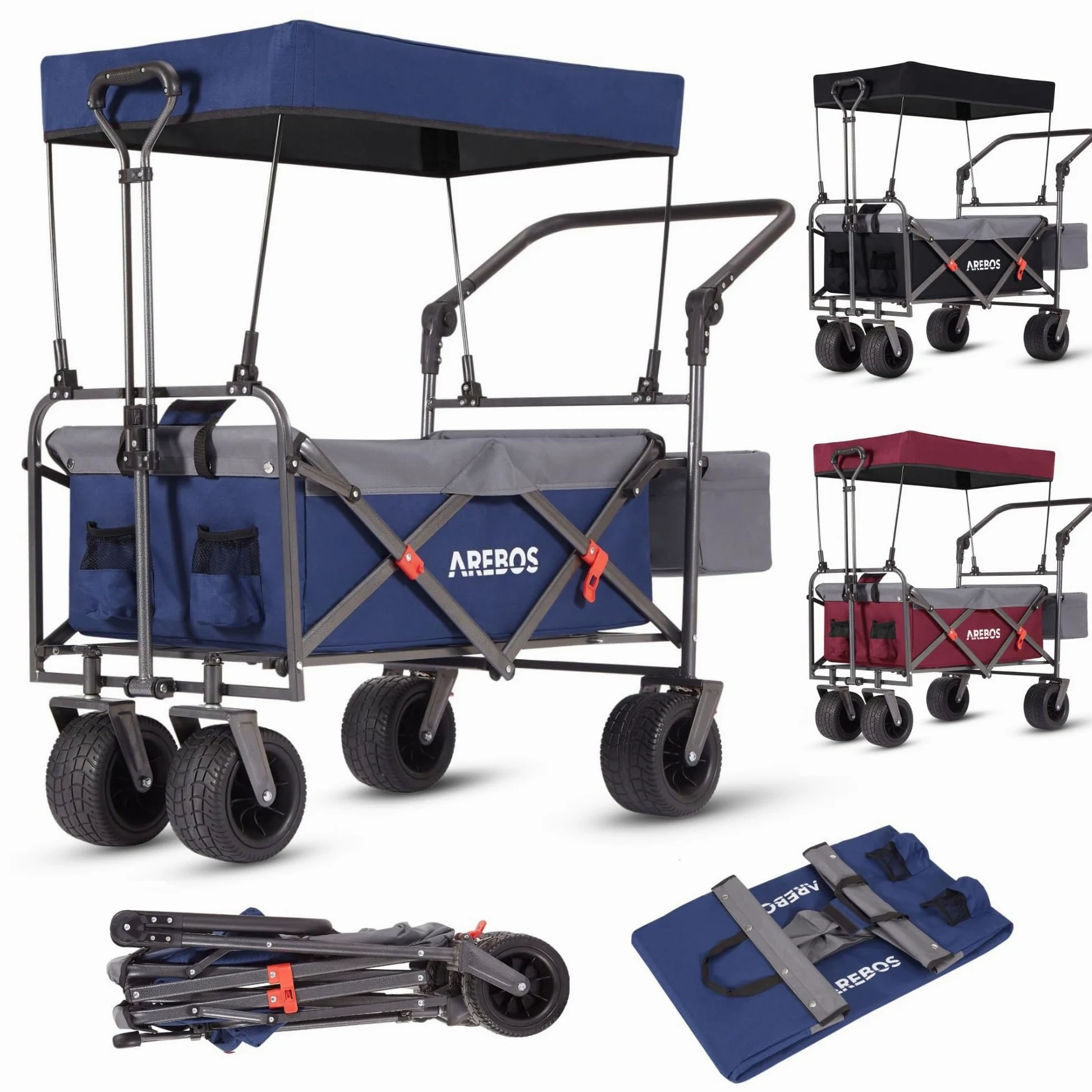 Arebos Bollerwagen faltbar mit Dach | Luxus Handwagen | Faltwagen | Transportwagen | XXL Tasche | klappbar | bis 100 kg | Gerätewagen | 360° Vorderräder | Blau