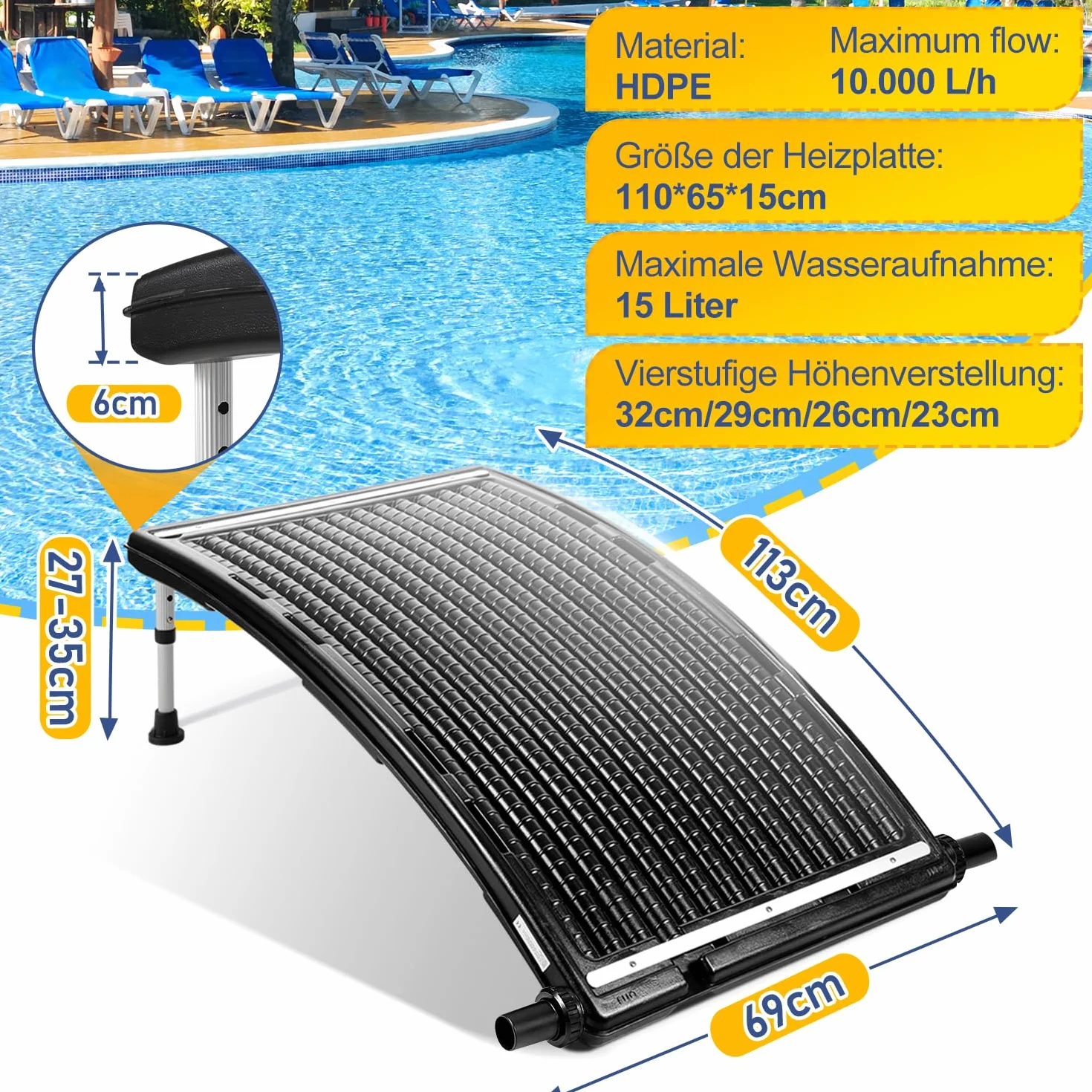 Herrselsam Poolheizung Solar 2 Sets, Solarheizung Pool 113 x 69 x 35 cm, Sonnenkollektor Pool Anschluss Ø 32-40mm, Höhenverstellbar Pool Heizungen Solar für Schwimmbad, Gartendusche