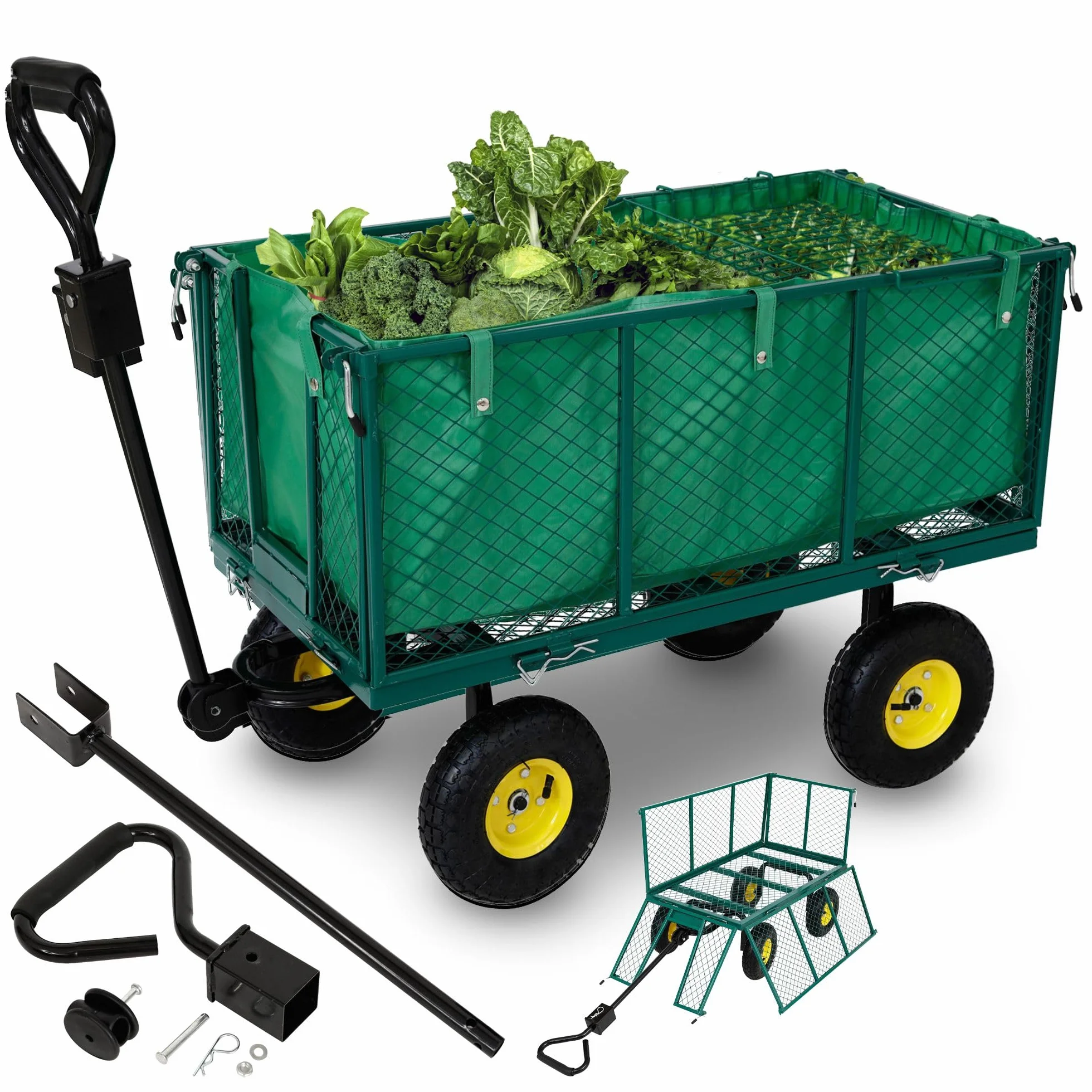 Arebos Bollerwagen | Gartenwagen | mit Profilreifen | 550kg belastbar | faltbar | grün | herausnehmbare Plane | kugelgelagerte Stahlfelgen | inkl. Handgriff & Deichsel | Plattformwagen