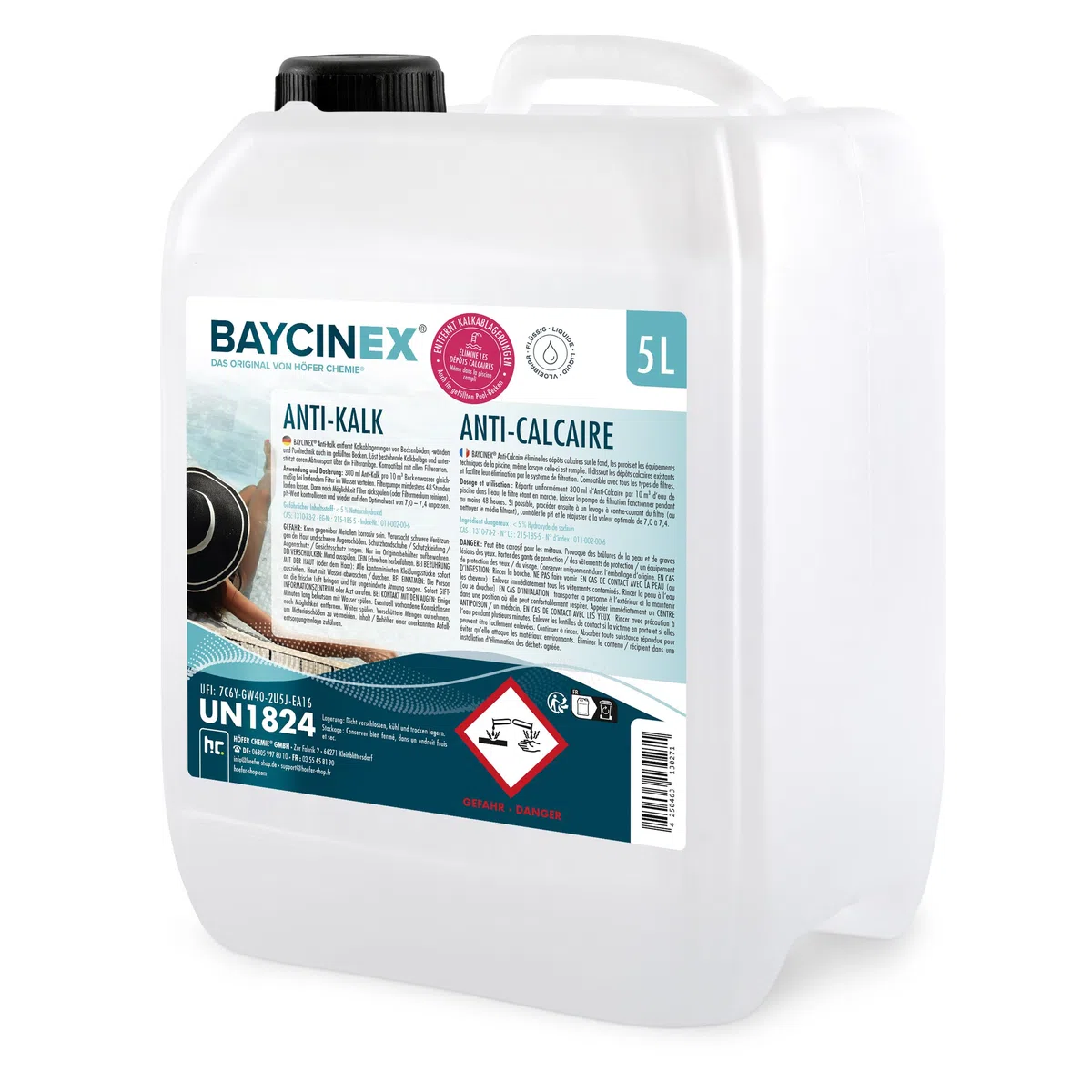 BAYCINEX Anti-Kalk Pool 5 L – Starker Pool Entkalker gegen Kalkablagerungen – Für Poolboden, Wände & Technik – Entfernt Kalk im gefüllten Pool – Kompatibel mit Allen Filtersystemen