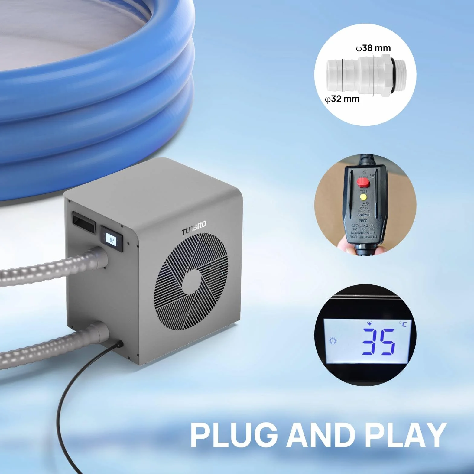 TURBRO 6.000W Full-Inverter Wärmepumpe für Schwimmbecken, Elektrischer Poolheizer für Übererdpools und Spas bis 20 m³, Titan-Wärmetauscher, Bis zu 9,38 COP, IPX4 Wassergeschützt, 220-240V, Beluga B21V