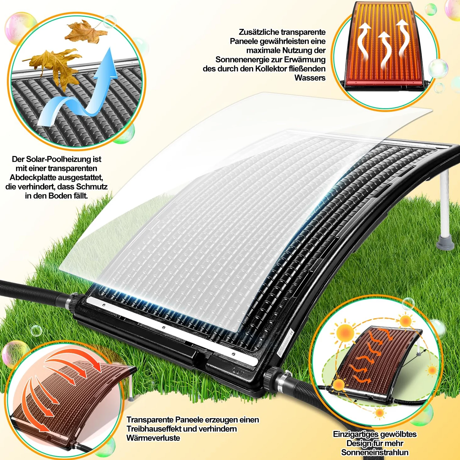 Herrselsam Poolheizung Solar 2 Sets, Solarheizung Pool 113 x 69 x 35 cm, Sonnenkollektor Pool Anschluss Ø 32-40mm, Höhenverstellbar Pool Heizungen Solar für Schwimmbad, Gartendusche