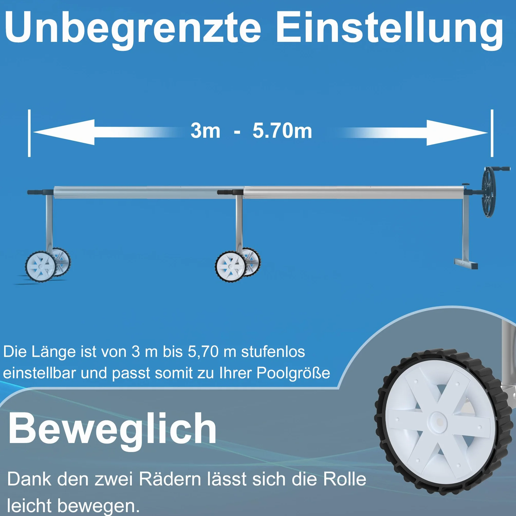 Froadp Pool Aufroller Aufrollvorrichtung 300-570cm Swimming Pool Zubehör aus Aluminium Aufrollsysteme Schwimmbadabdeckung Witterungsbeständiges Aufroller Poolabdeckung für Solarplane und Poolplanen