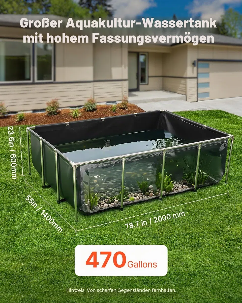 VEVOR Fischteich aus Segeltuch, 1781,3 L Fischtank, PVC-Koi-Tank mit transparentem Sichtfenster, Aquarium mit Edelstahlrahmen & Ablassventil, für Zucht von Koi, Goldfisch (schwarz)
