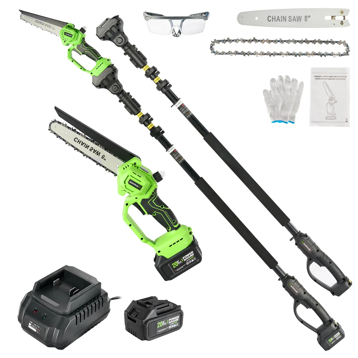 NovorikX 2-in-1 Akku Hochentaster & Kettensäge 20V - Bürstenloser Motor 8 Zoll Astsäge mit 3m Teleskopstiel, 3Ah Akku, Arbeitshöhe bis 4,57m, Teleskop-Kettensäge Set inkl. Schutzausrüstung