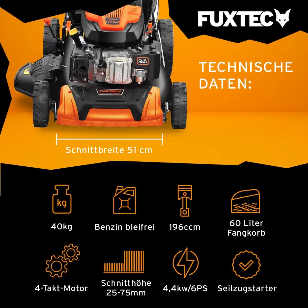 FUXTEC 4in1 Benzin Rasenmäher FX-RM5196 • 6 PS • 196 CCM 4-Takt Motor • Rasenmäher mit Antrieb & 51 cm Schnittbreite • Mulchmäher mit Seitenauswurf • 60L Fangkorb • EasyClean