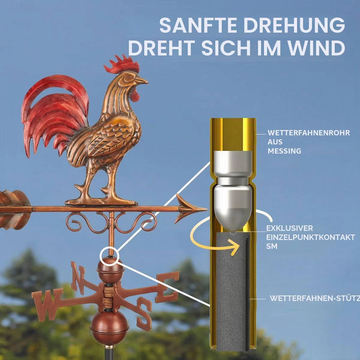 Good Directions 1975RED Wetterfahne Bantam Roter Hahn, reines Kupfer, handgefertigt, Mehrfarbig, Patina