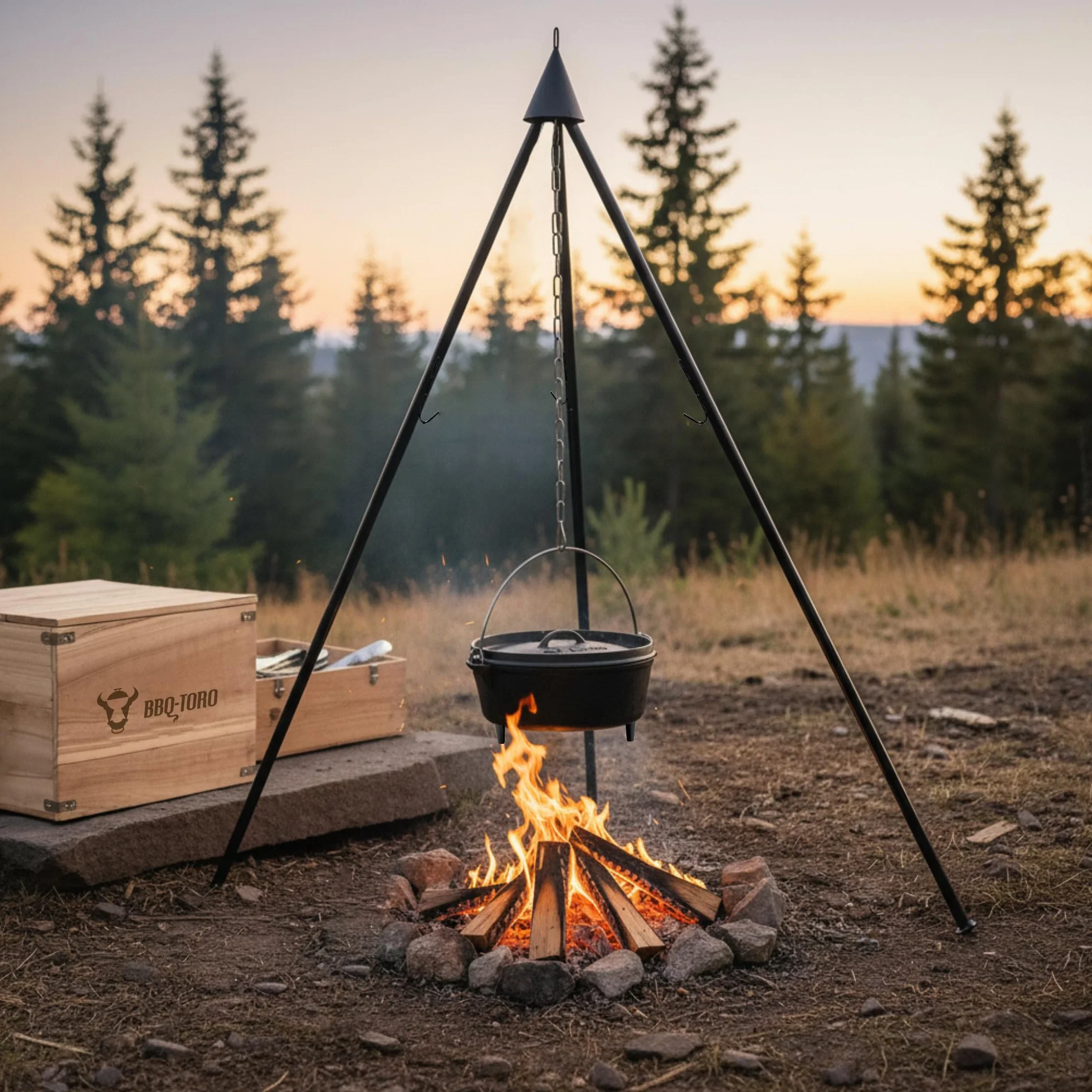 BBQ-Toro Dutch Oven Set 6-teilig mit Holzkiste | Schwarz | Rundes Gusseisen Kochgeschirr Set mit 6 QT, Pfanne, Grillrost, Untersetzer & Dreibein | Outdoor Kochset, Dreibein Kessel, Grillpfanne