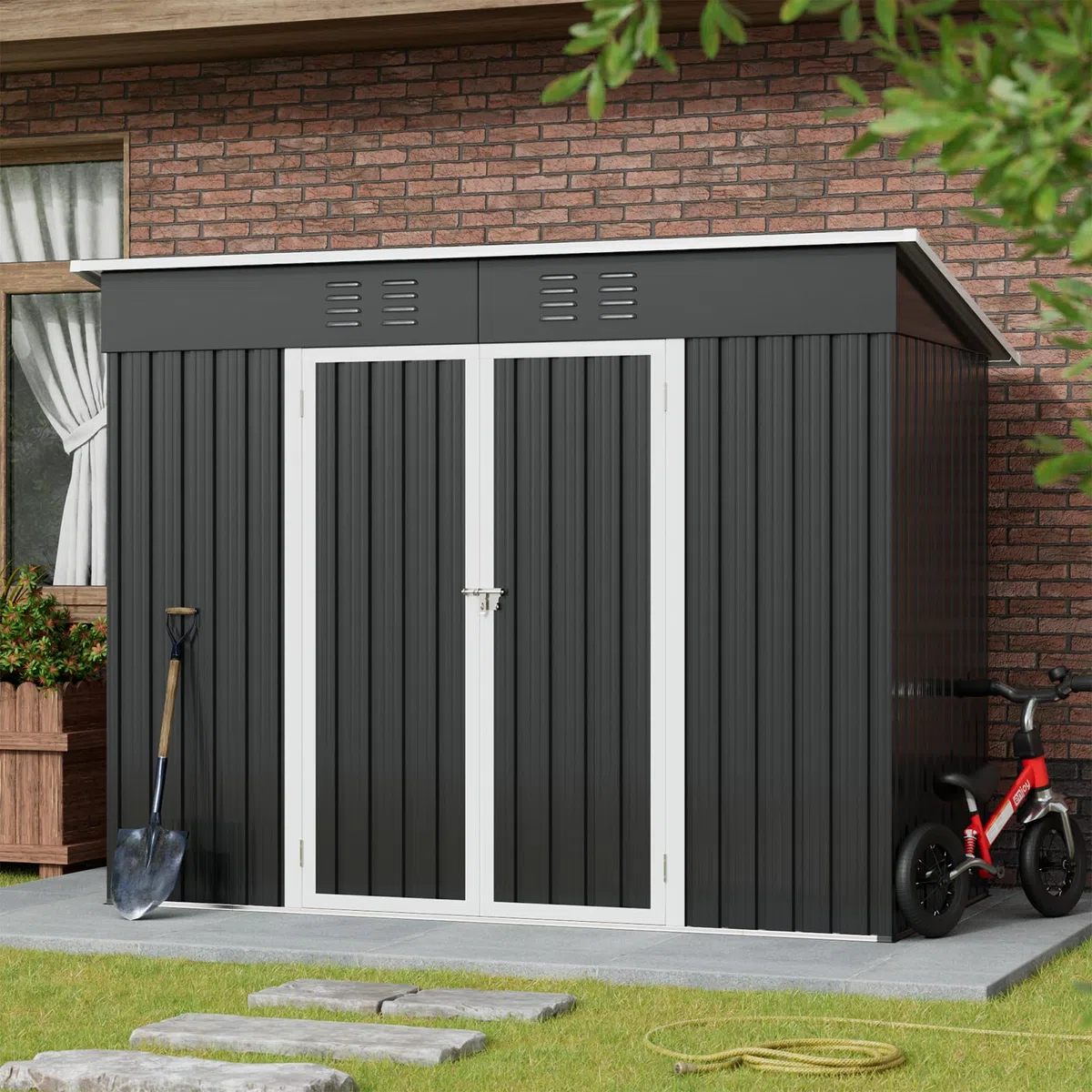 Amopatio Gerätehaus, Gartenhaus mit Pultdach, Geräteschuppen 228x109x182 cm (BxTxH), Gartenhaus Metall mit Tür, Verzinkte Gartenhülle Metall-Schuppen mit Fundamentrahmen, Schwarz