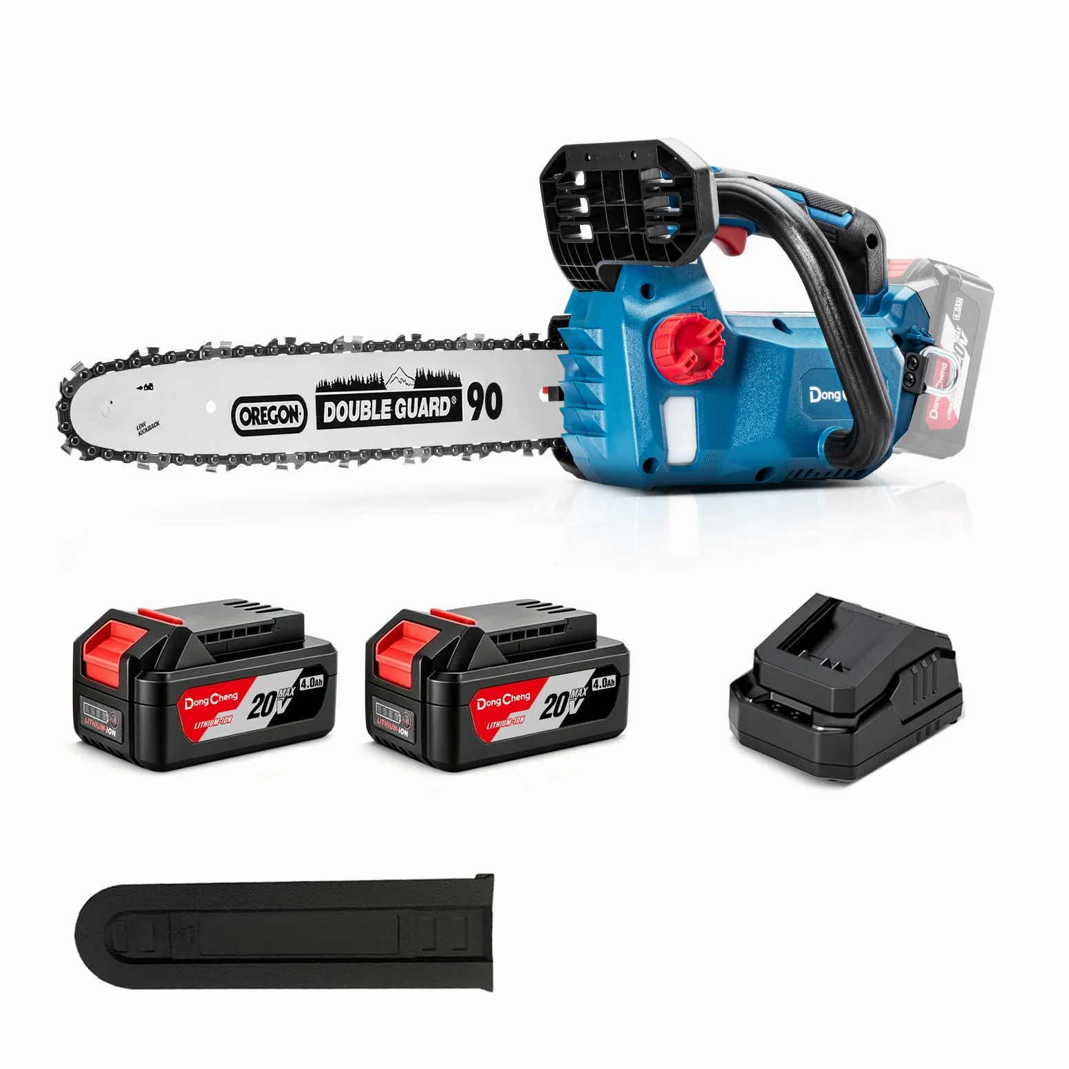DongCheng Akku Kettensäge 20V, bürstenloser Motor, 12 m/s Kettengeschwindigkeit, 30cm OREGON-schwert/-kette, werkzeuglose Kettenspannung, automatische Kettenschmierung, inkl. 2x4,0 Akku & Ladegerät
