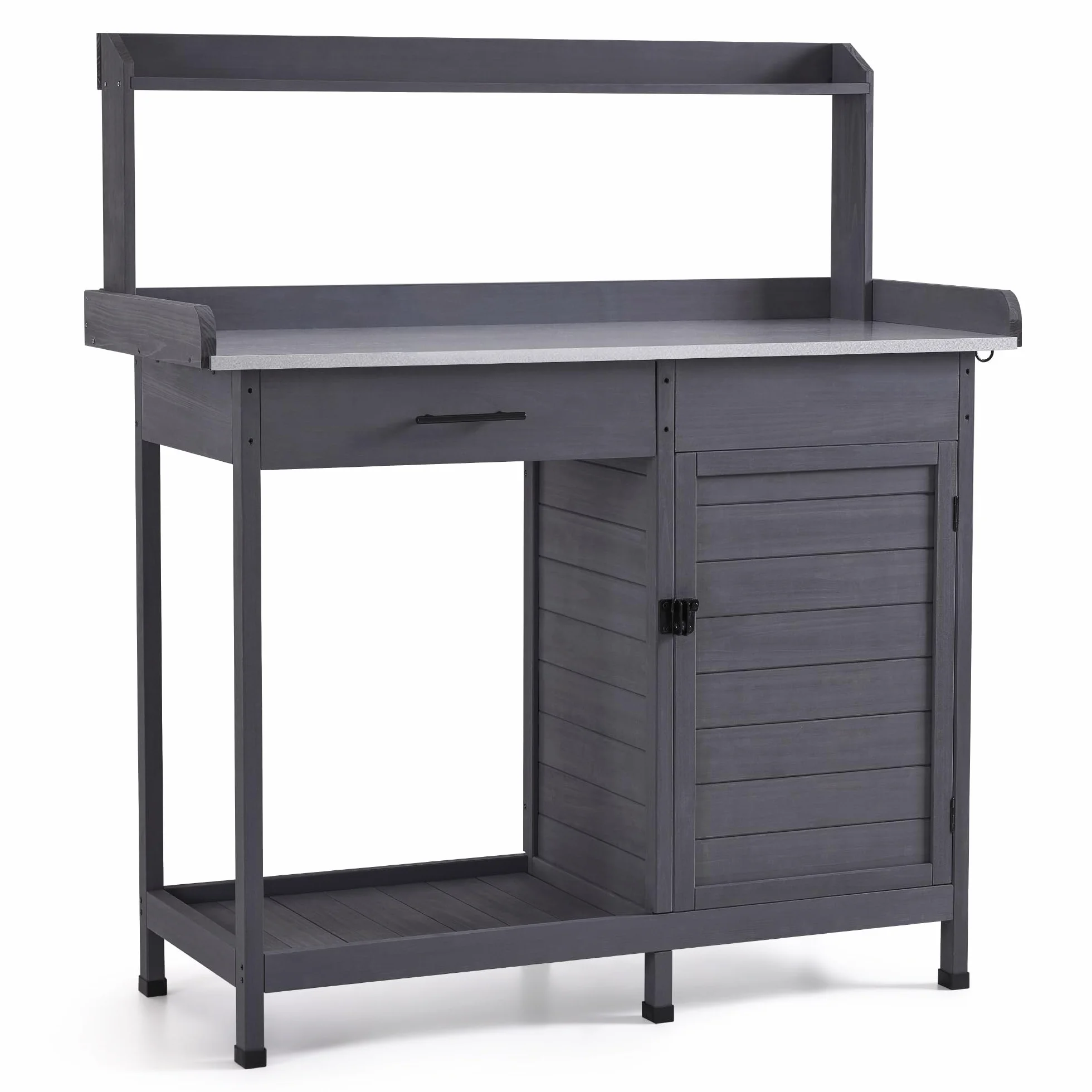 M MCombo Pflanztisch mit Schublade, Ablage, Verzinkter Arbeitsplatte & Schrank, Gärtnertisch Wetterfest mit 3 Haken, Blumentisch Massivholz für Garten, Balkon & Terrasse, 48 x112 x 126 cm, 0440 (Grau)