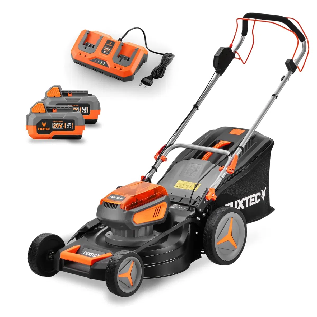 FUXTEC 4in1 Akku Rasenmäher 40V (2x20V) FX-E2RM46 inkl. 2x20V Li-Ion Batterie 4Ah & Doppelladegerät – Schnittbreite 46cm, Schnitthöhe 25-75mm & 50L Grasfangkorb – mit Mulch-Funktion und Seitenauswurf