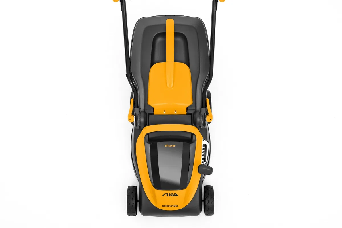 Stiga Akku Rasenmäher SLM 136e Kit, 34cm Schnitt mit 20V (2X 2Ah) Akku und Ladegerät, 35L Korb, Yellow/Grey/Black