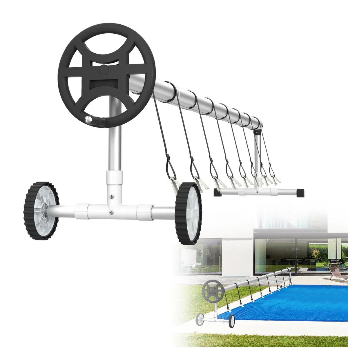 LZQ Pool Aufroller Mobiles Poolfolienaufroller Aufrollvorrichtung Aluminium + Edelstahl Aufrollsystem inkl. 8 Befestigungsbänder für Solarplane & Poolplane | 3m - 5,70m Verstellbar