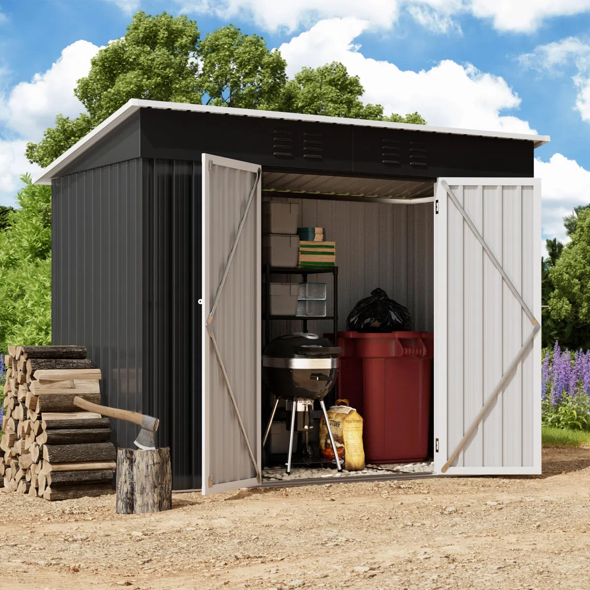 Amopatio Gerätehaus, Gartenhaus mit Pultdach, Geräteschuppen 228x109x182 cm (BxTxH), Gartenhaus Metall mit Tür, Verzinkte Gartenhülle Metall-Schuppen mit Fundamentrahmen, Schwarz