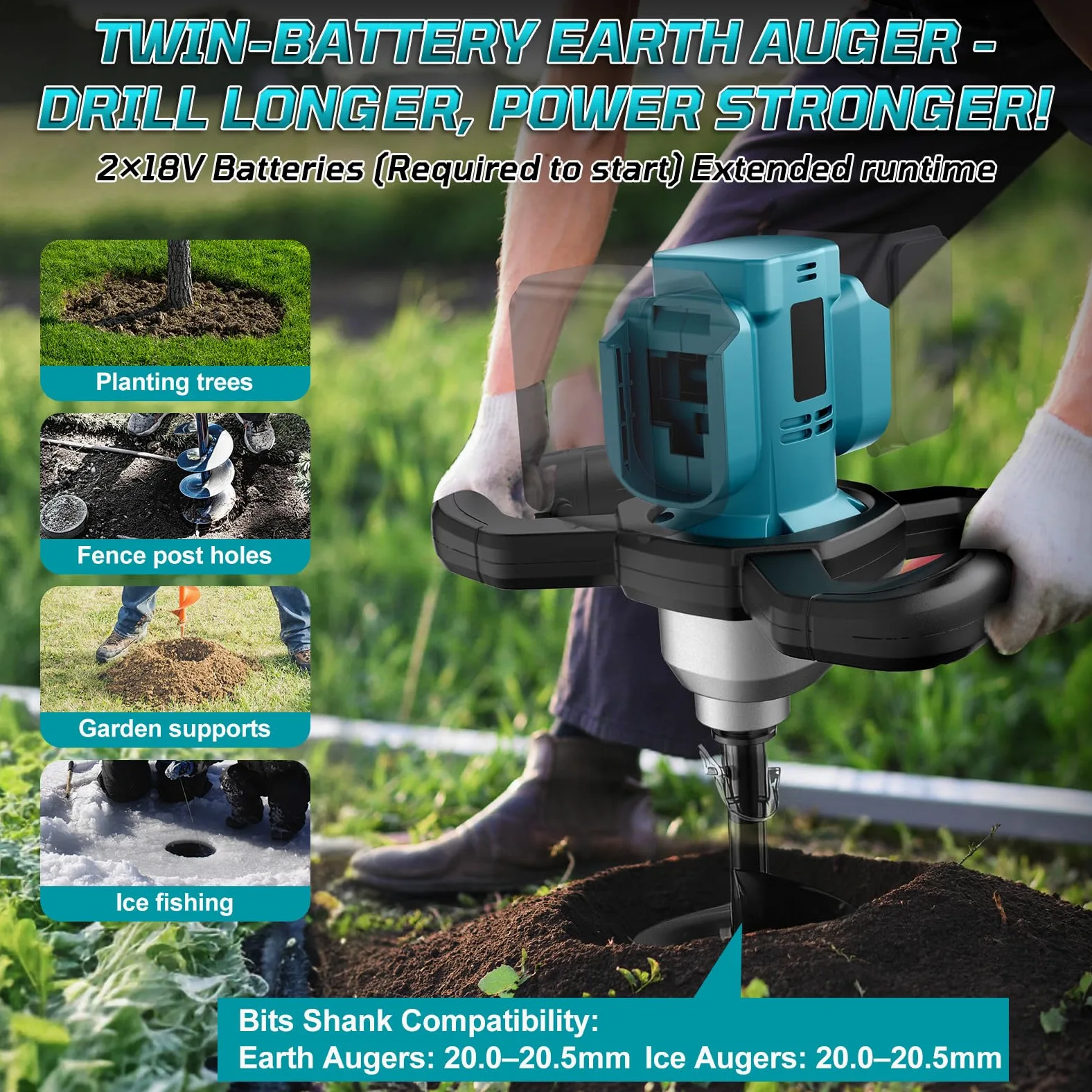 Akku Erdbohrer Kompatibel mit Makita 18V, 1200W Bürstenloser Motor Erdlochbohrer Professional Pfahlbohrer, für Zaunbau, Garten, Mörtelrührer (Ohne Batterie & Spiralkopf)
