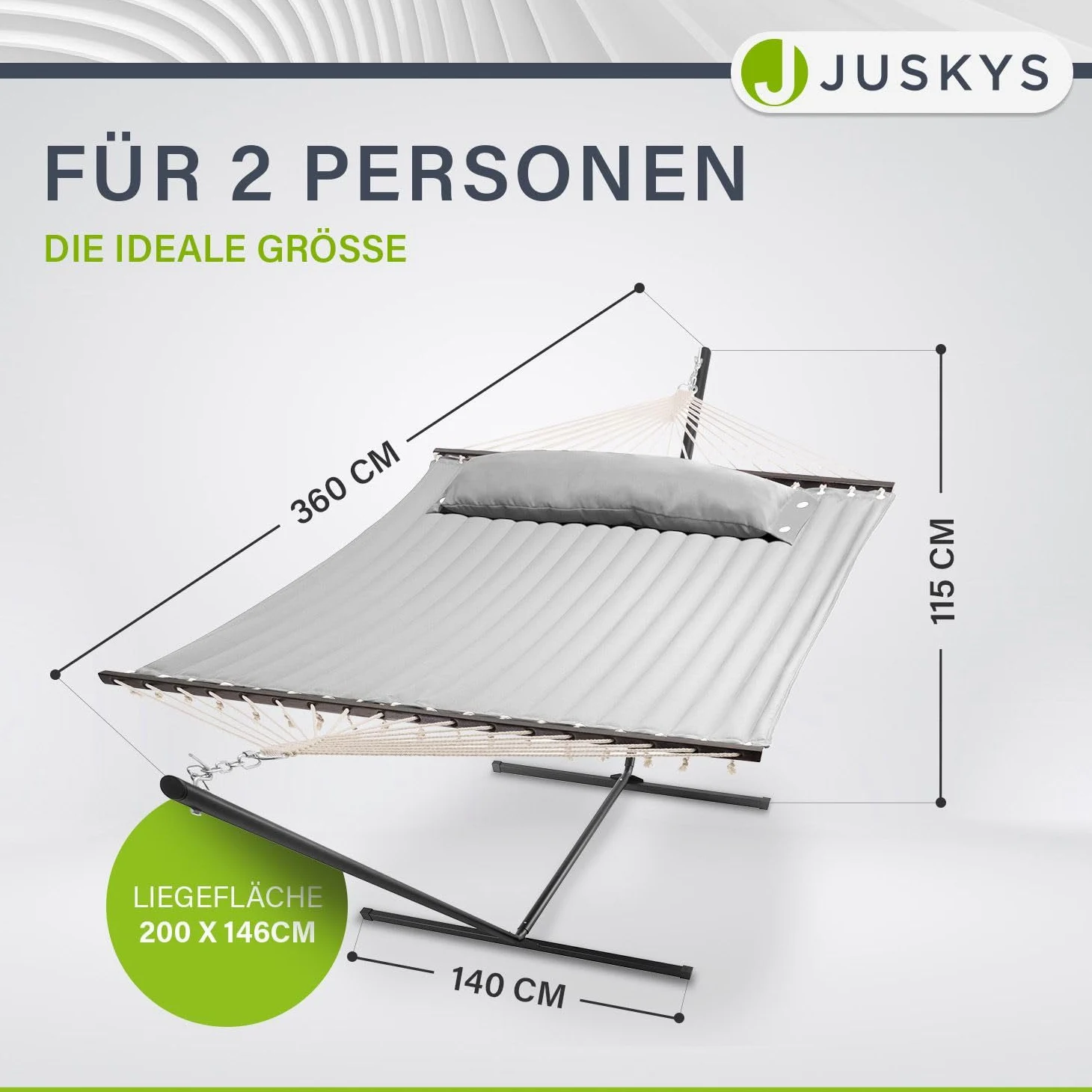 Juskys Hängematte Cata mit Gestell und Kissen - Outdoor Doppelhängematte für 2 Personen - doppel Hängemattengestell bis 200kg belastbar - Hellgrau