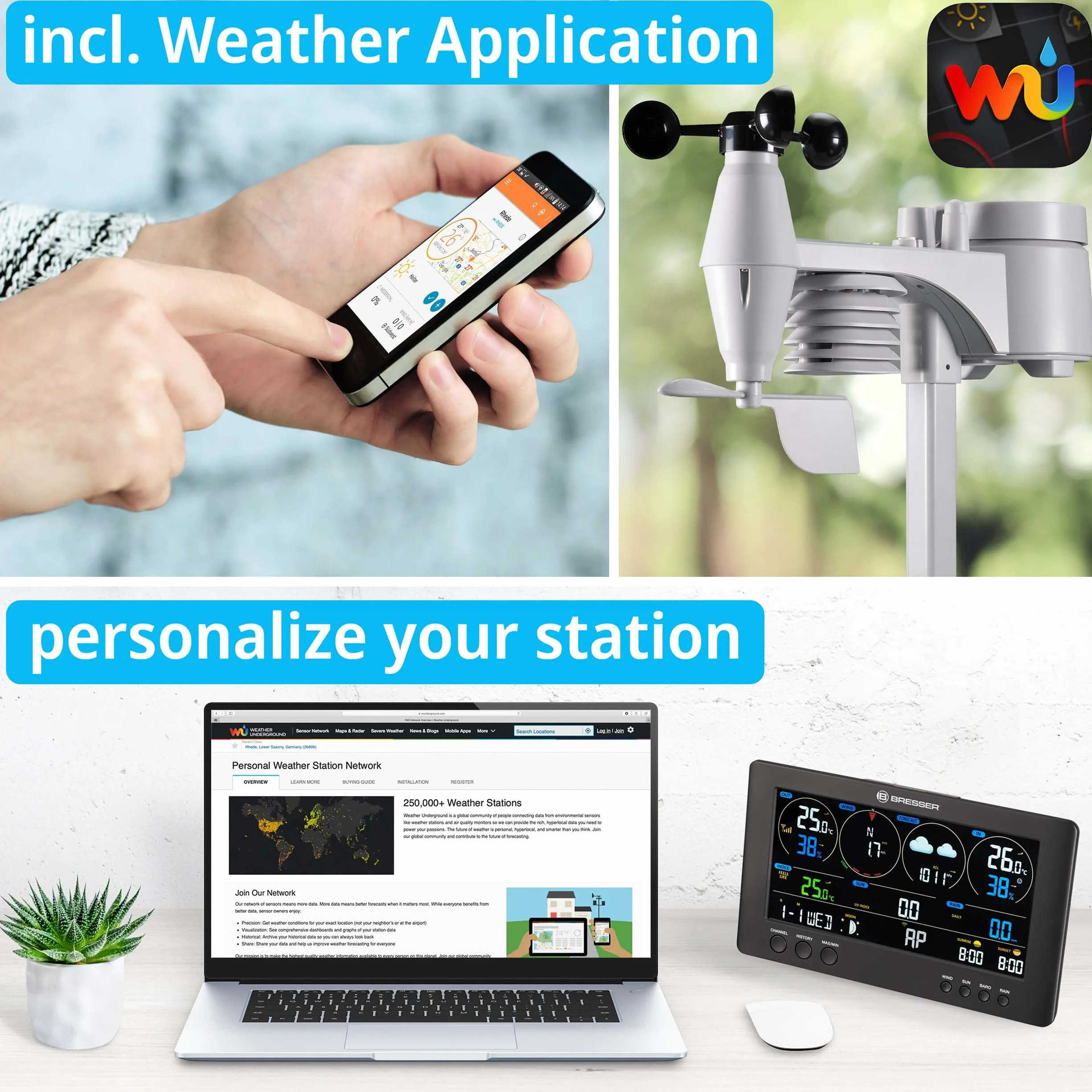 Bresser 7002586 Wetterstation Funk mit Aussensensor ClearView Wettercenter mit WLAN und 7-in-1 Profi-Sensor für Wind, Luftfeuchtigkeit, Temperatur, Niederschlag, UV-Level und Lichtintensität, Schwarz