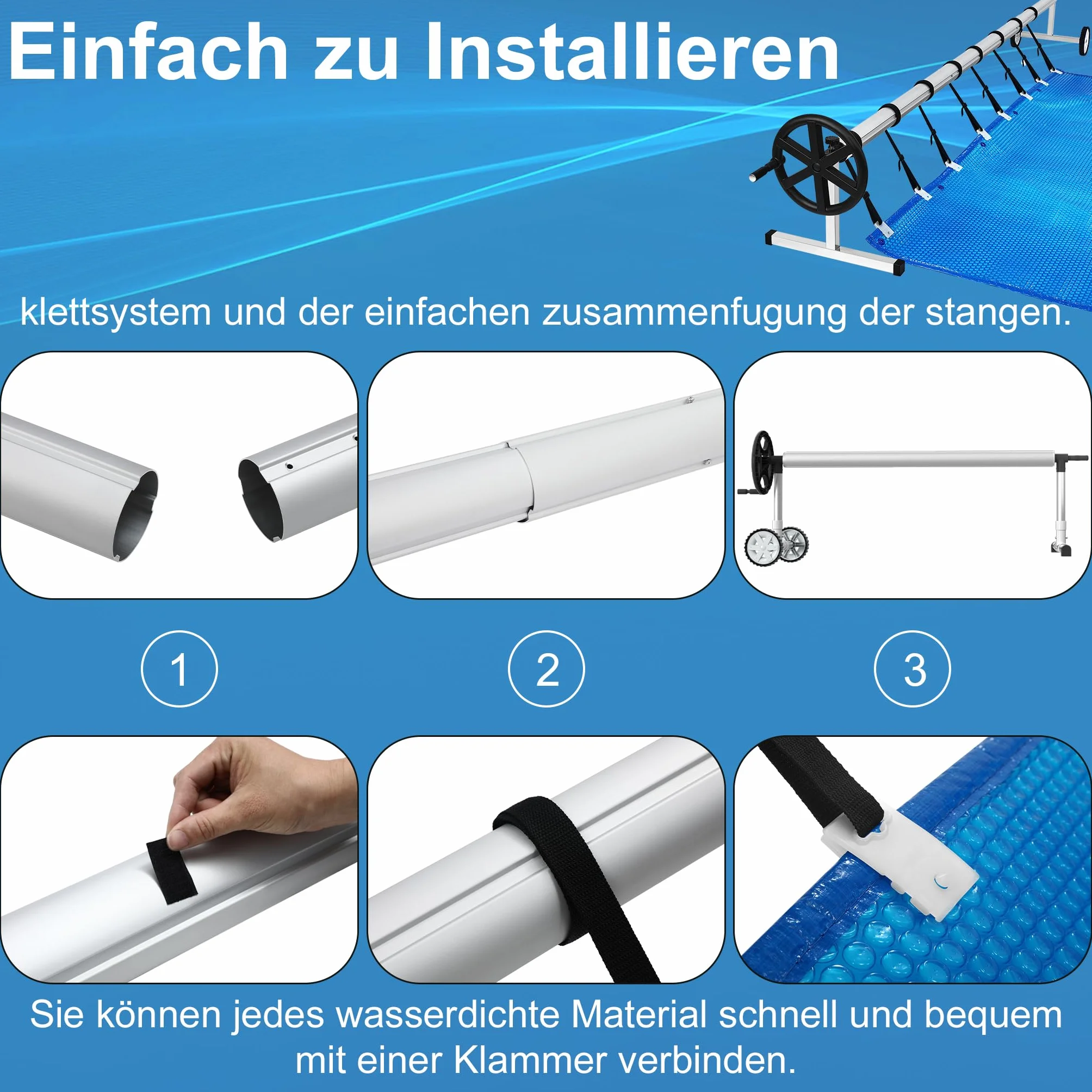 Aufun Pool Aufrollsystem Premium 3-5,70 m mit 2 Reifen, Pool Aufroller für Solarfolie, Aufrollvorrichtung für Poolplane & Abdeckung, inkl. Bänder, witterungsbeständiges Material