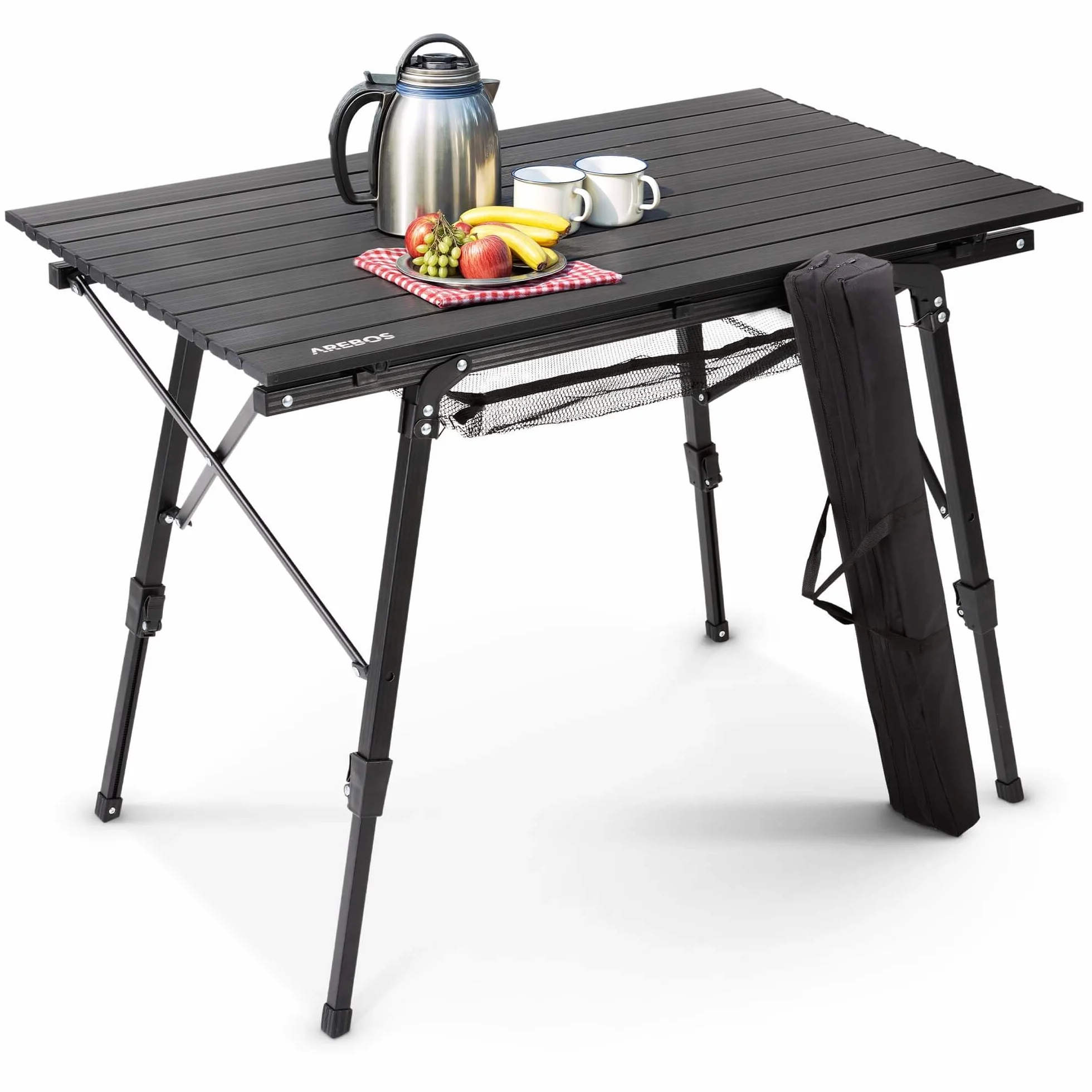 Arebos Campingtisch faltbar 120 x 70 cm | Klapptisch höhenverstellbar 58-78 cm | Camping Zubehör, Garten, Grill, Picknick | Camping Tisch klappbarer Falttisch | Reisetisch inkl. Tragetasche | Schwarz