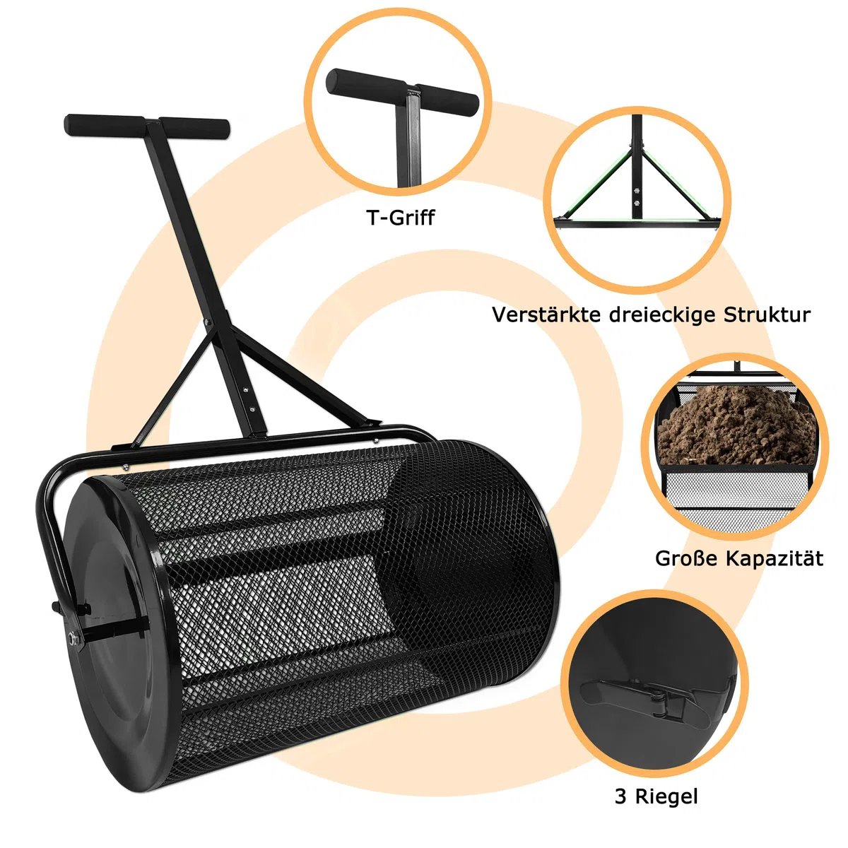 UISEBRT Kompoststreuer 80L Rasen- und Gartenstreuer mit Griff, 65cm Breit Kompost-Streuer und Torfmoos-Streuer mit Mesh-Korb Saatgutstreuer für Kompost Dünger Saat Torf, Schwarz