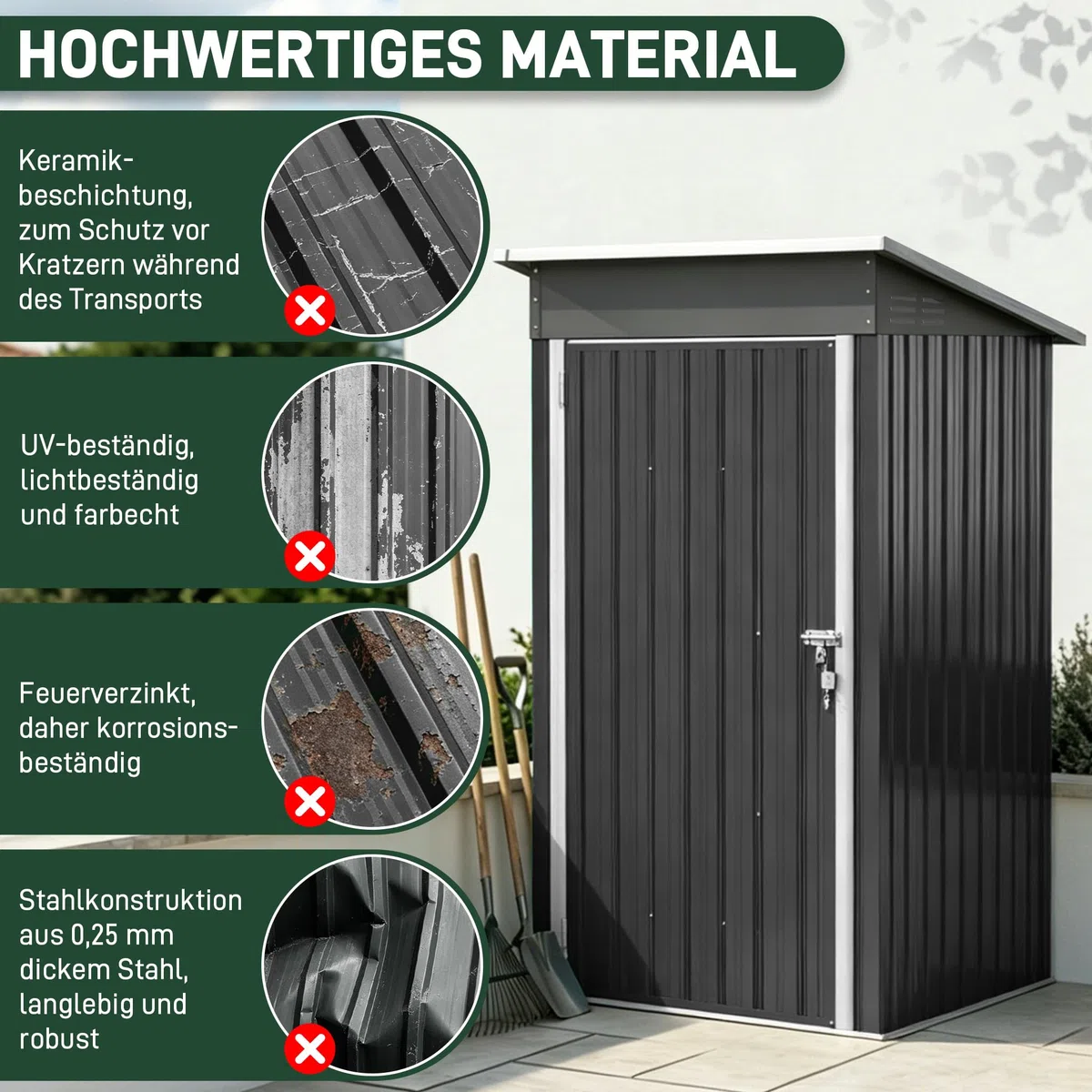 LZQ Gerätehaus Metall Gartenhaus Geräteschuppen wetterfest abschließbar, Stahl Gartenschuppen mit Pultdach, Werkzeugschuppen inkl Arbeitshandschuhe für Garten, Hof & Lager, Schwarz 96 x 75 x 185 cm
