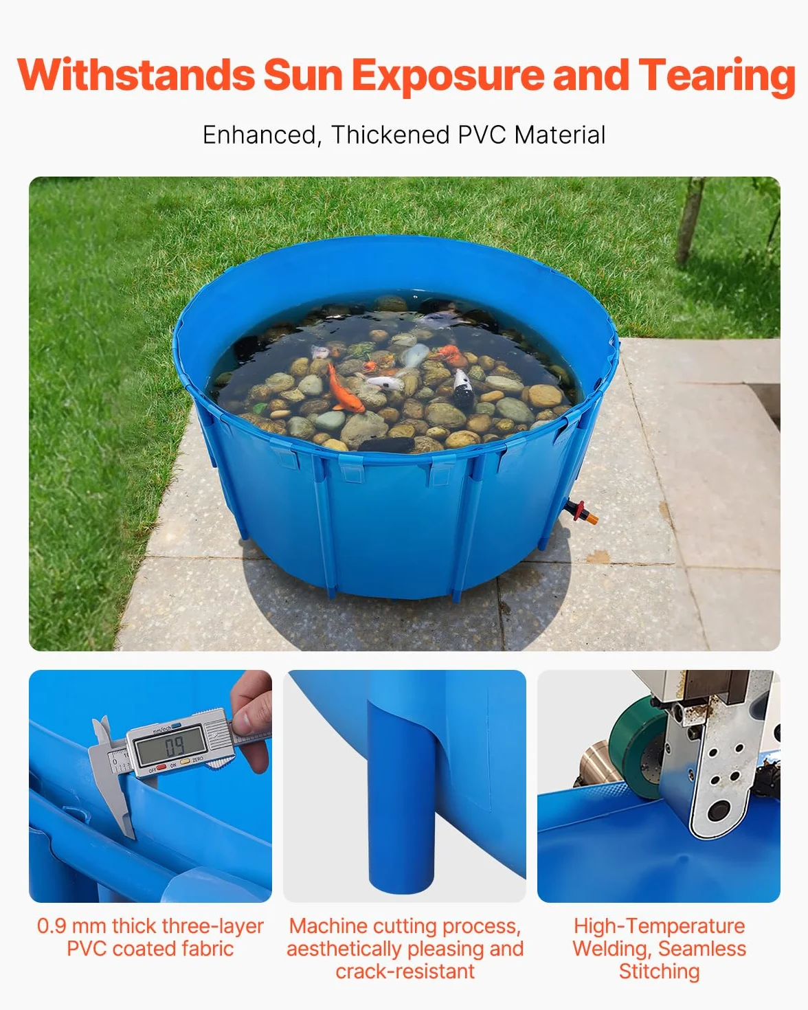 VEVOR Fischteich aus PVC, Fischteich mit 4550 L Fassungsvermögen, faltbares Koi-Aquarium, rundes Fischbecken mit stabilem Rahmen & Ablassventil, für Aquakultur, Koi-Zucht & Bewässerung (blau)