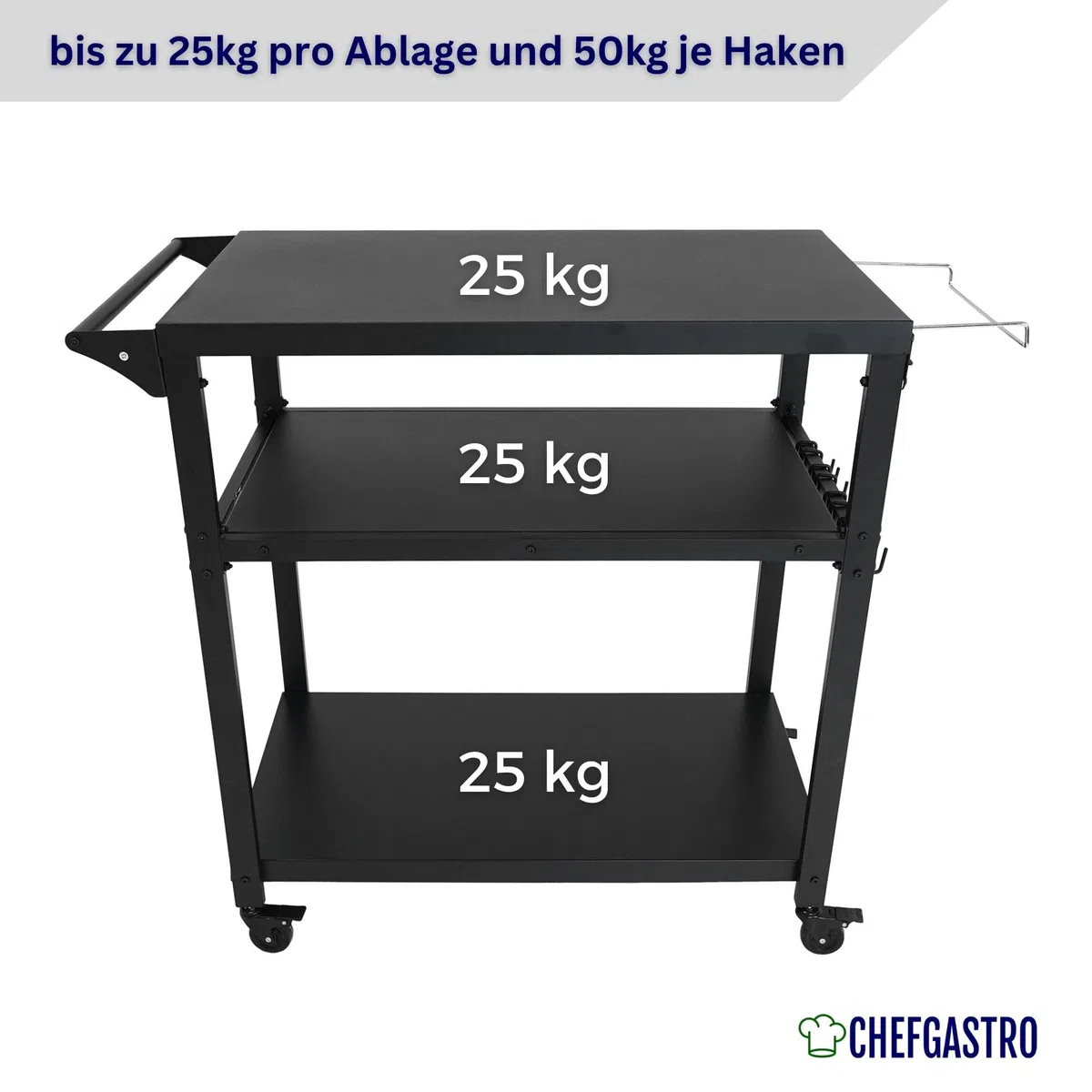 CHEFAGSTRO Grillwagen Vulcan Outdoor Servierwagen mit Rollen Küche Küchenwagen Metall Schwarz Wetterfest Grilltisch, 4 Lenkrollen mit Bremse, 3 Ablagen, 8 Haken, Müllbeutelhalter & Handtuchgriff